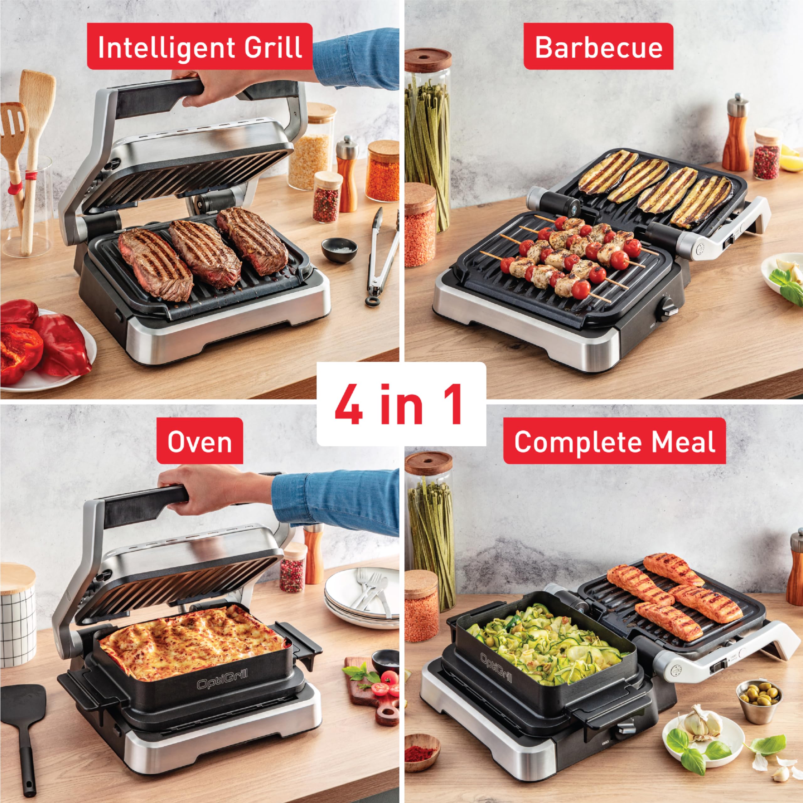 T-fal, Electric Grill Indoor, OptiGrill 4in1, Stainless Steel, 9 Automatic Cooking Modes, Intelligent Grilling, 1800 Watts, Nonstick Removable Plates, Dishwasher Safe, Panini Press Sandwich Maker