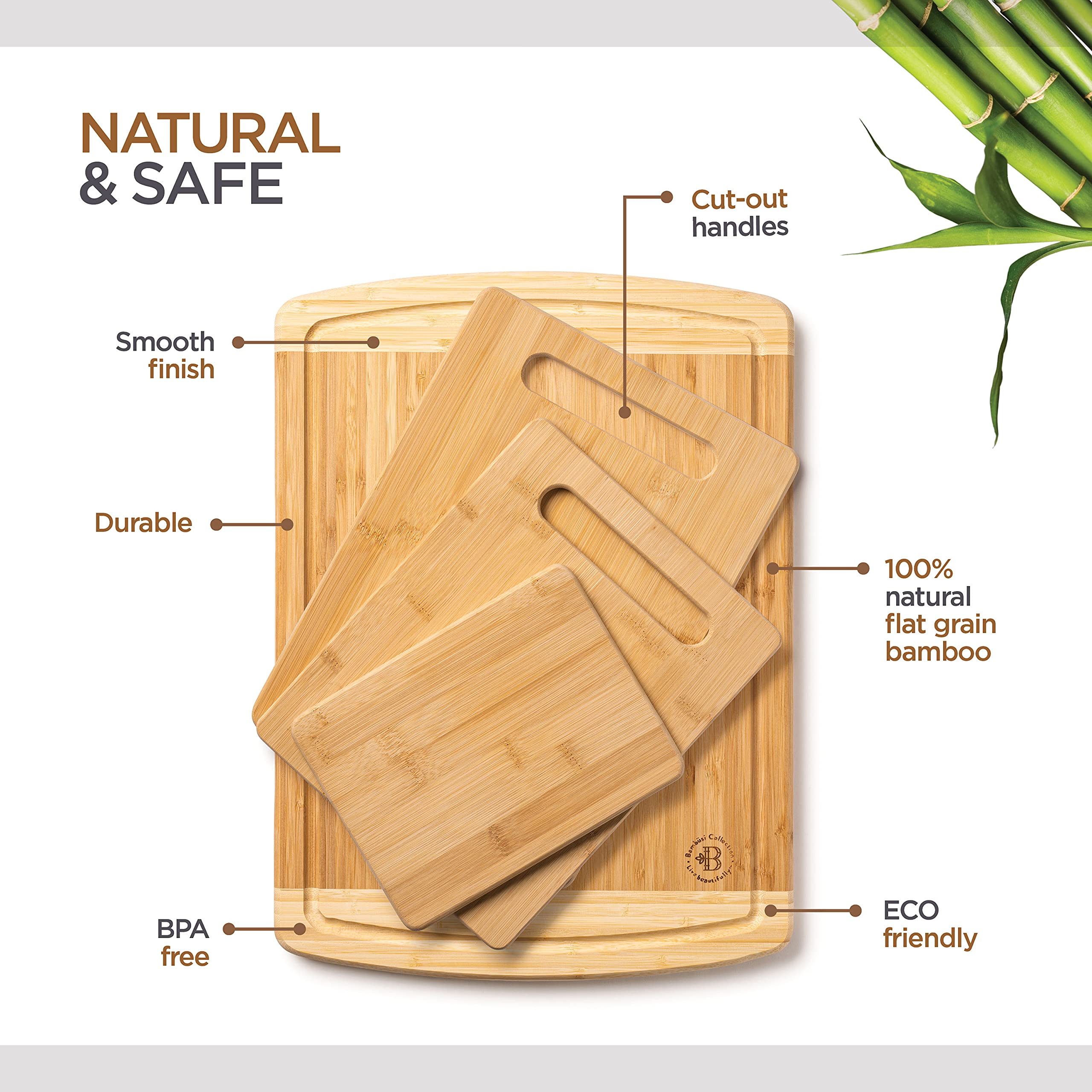 Bamboo Cutting Board Set - Wood Cutting Boards for Kitchen, Chopping Board with Juice Groove for Meat, Cheese and Vegetables - Large Butcher Block, Cheese Board & Charcuterie Board (Set Of 4)