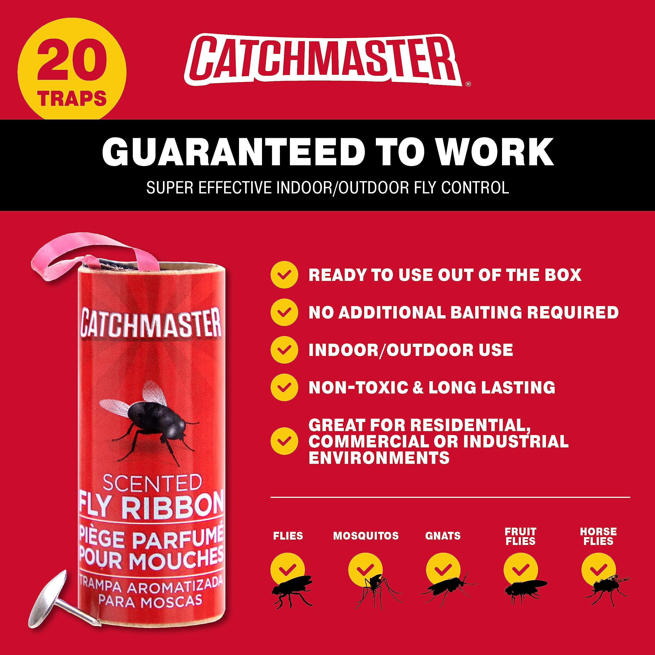 Catchmaster Fly Ribbon 20-Pack, Bug & Fruit Fly Traps Outdoor and Indoor, Premium Adhesive Sticky Fly Strips & Gnat Hanging Strips, Bulk Scented Flying Insect Paper Rolls, Non Toxic Home Pest Control