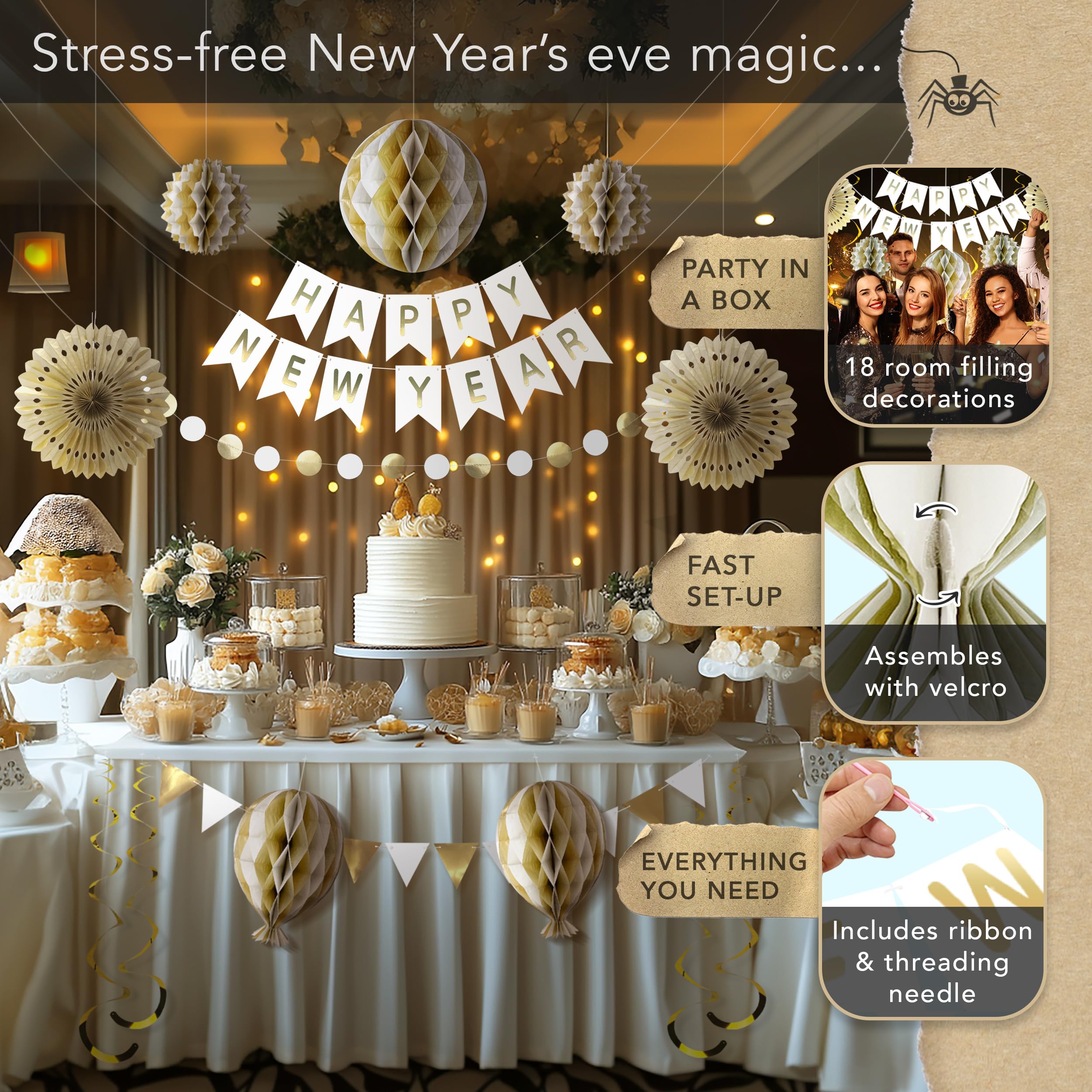 Premium Reusable Party Decorations - Happy New Year Decorations 2025, Multi-use Happy New Year Banner also spells Happy Birthday - New Years Eve Party Supplies 2025 / White & Gold Birthday Decorations