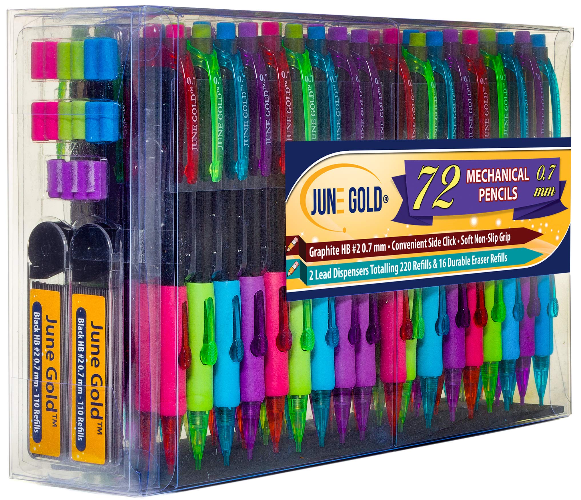 June Gold 72 Mechanical Pencils, 0.7 mm HB #2 Lead, 2 Lead Dispensers/w 220 Refills & 16 Erasers, Break Resistant Lead, Convenient Side Click & Soft Non-Slip Grip