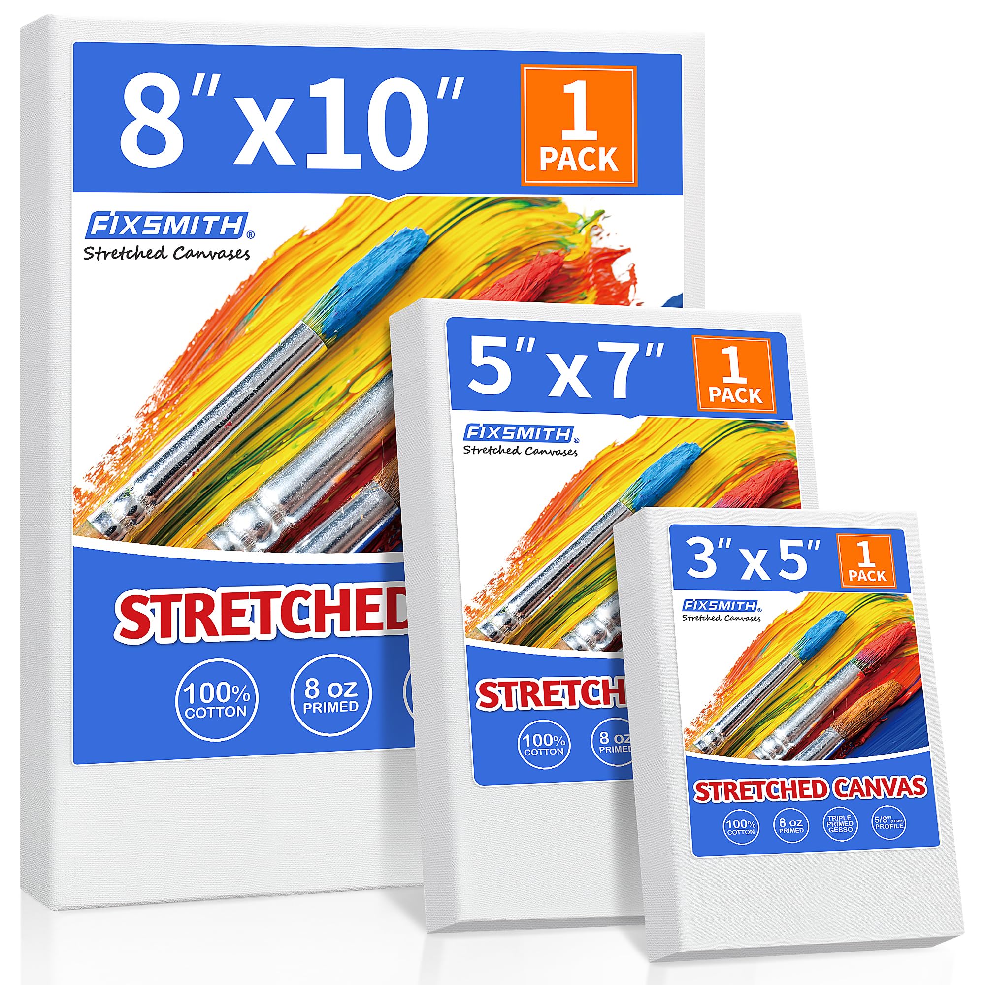 FIXSMITH Stretched Canvas for Painting, 3"x5", 5"x7", 8"x10", Pack of 3, Pre-Primed Canvases Wood Framed, Blank White Painting Canvas Boards for Acrylic, Oil and Gouache Painting