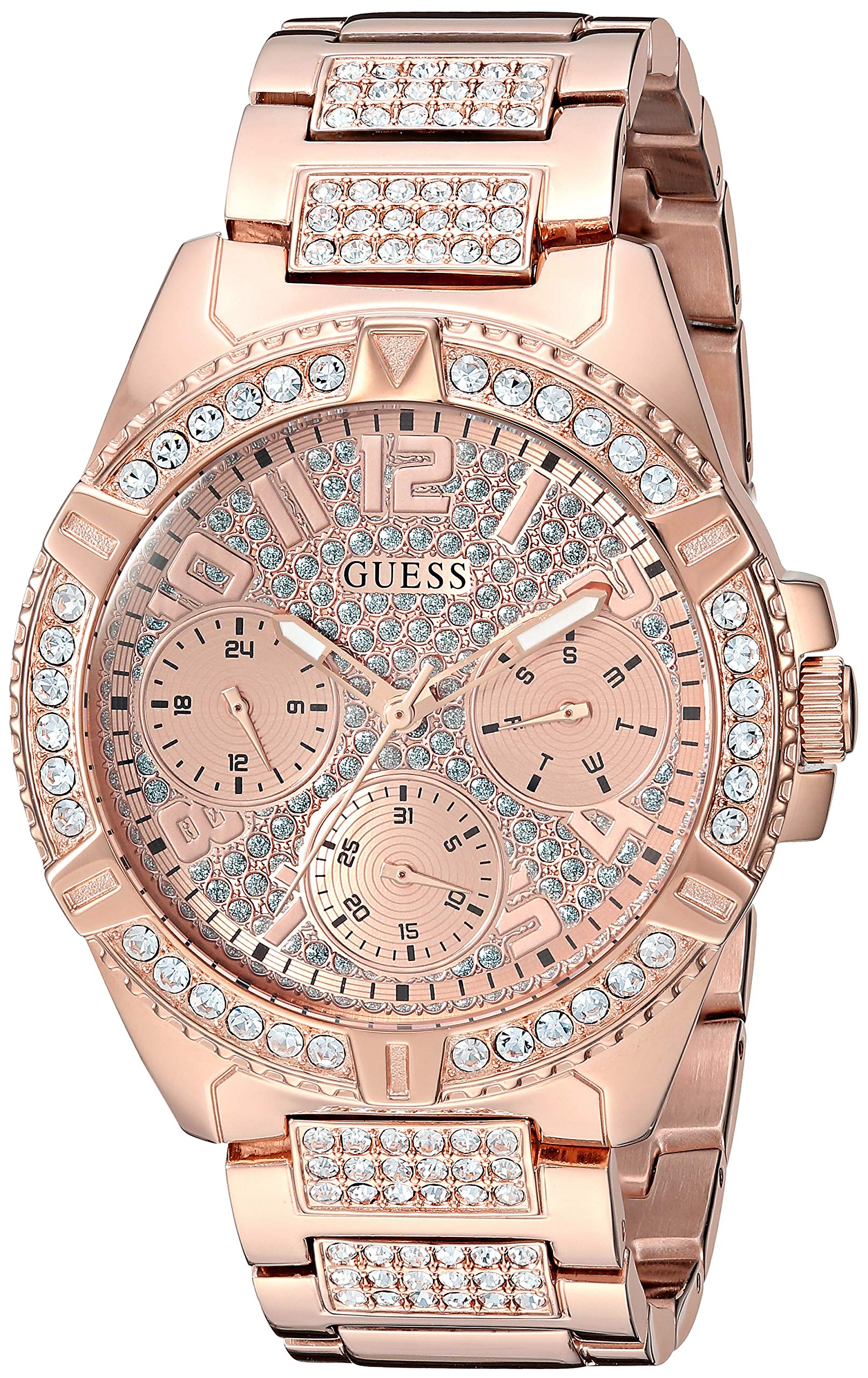 GUESS Rose Gold-Tone Stainless Steel Crystal Watch with Day, Date + 24 Hour Military/Int'l Time. Color: Rose Gold-Tone (Model: U1156L3)