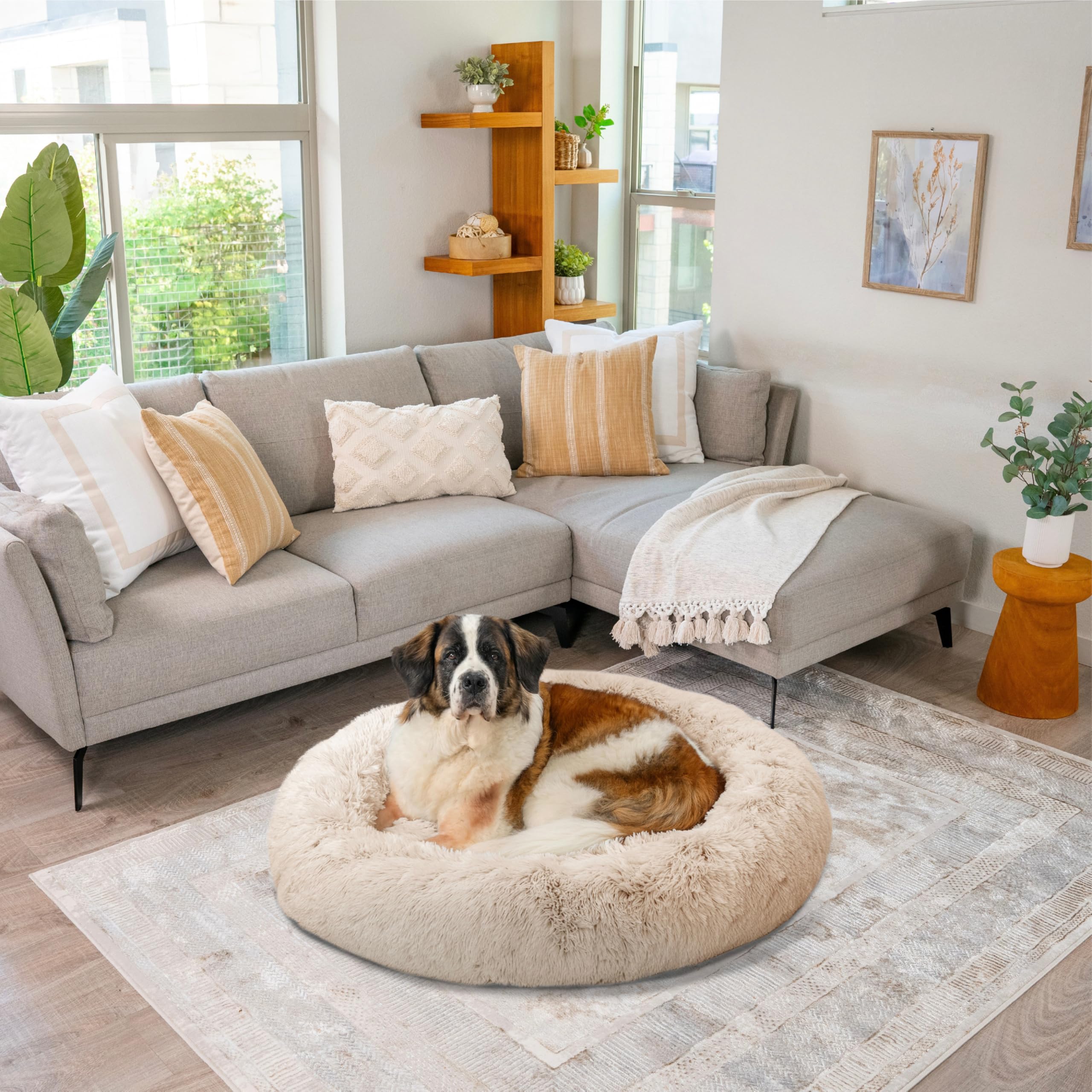 Best Friends by Sheri The Original Calming Donut Dog and Cat Bed in Shag Fur, Taupe, Extra Large, 45x45