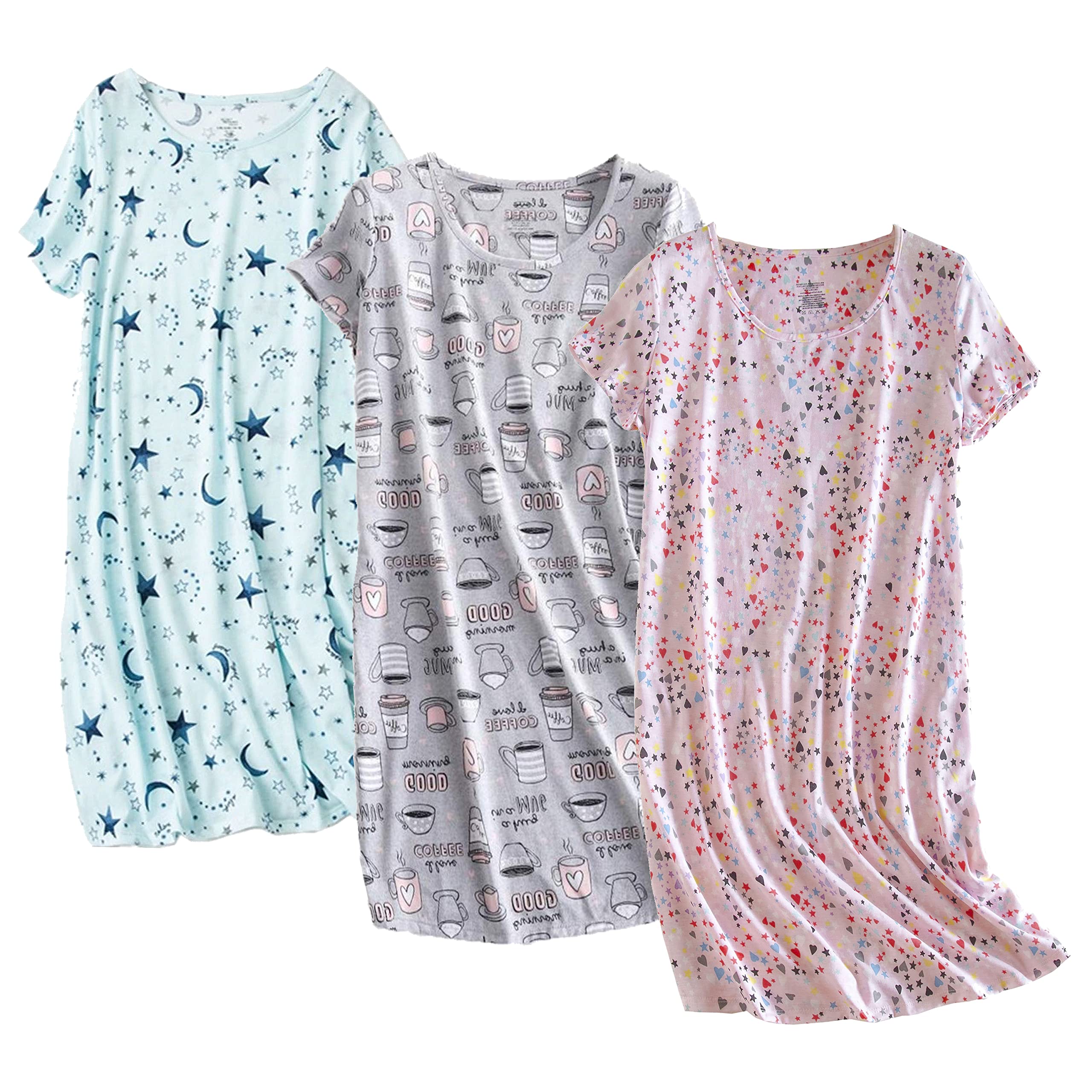 PNAEONG 3 Pack Women's Cotton Nightgown Gifts For Women Short Sleeves Shirt Casual Print Sleepdress SY003-Pink+Star+Coffee-XL