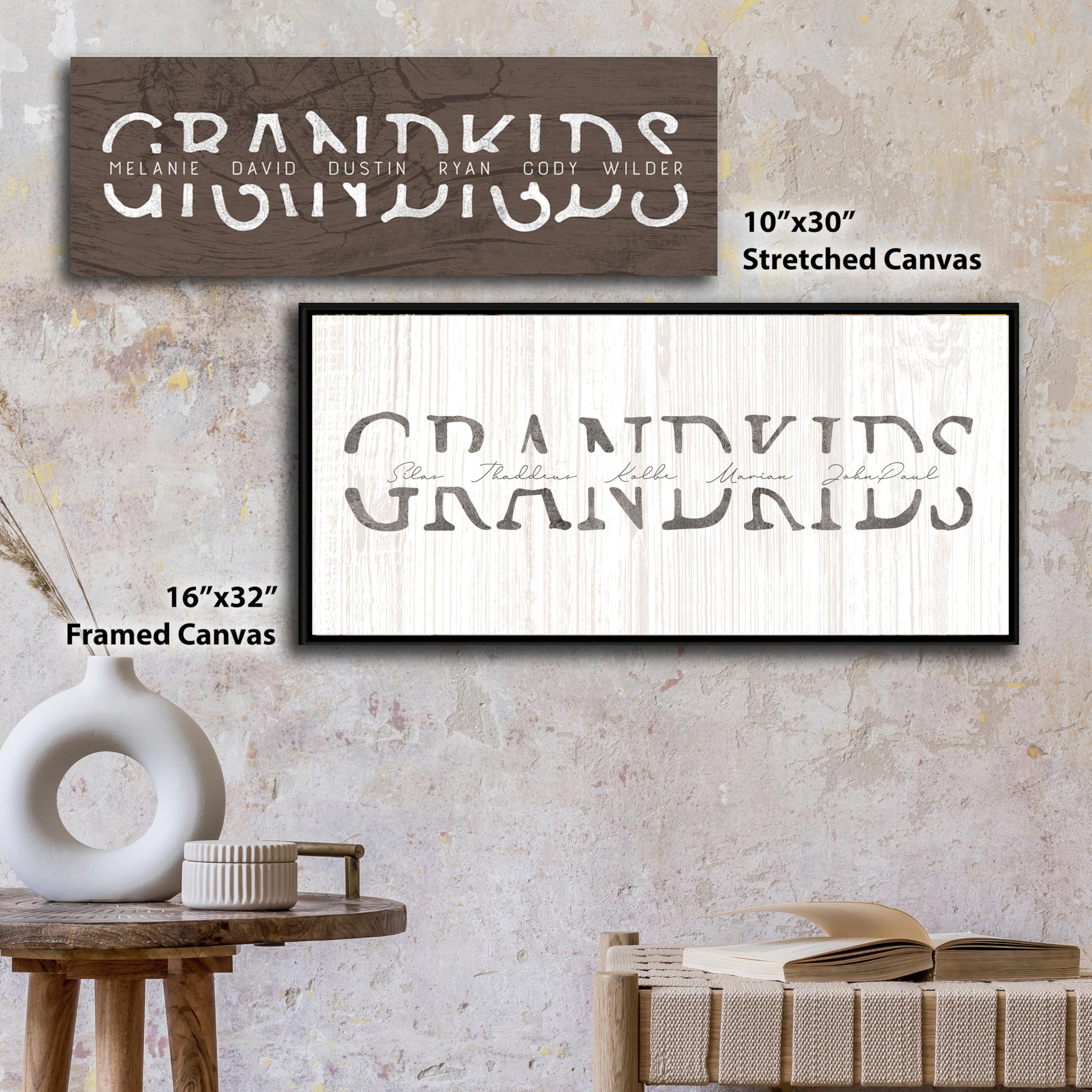 Grandkids - Personalized Art Gift for Grandparents (Whitewashed Wood, 6.5"x18" Block Mount)