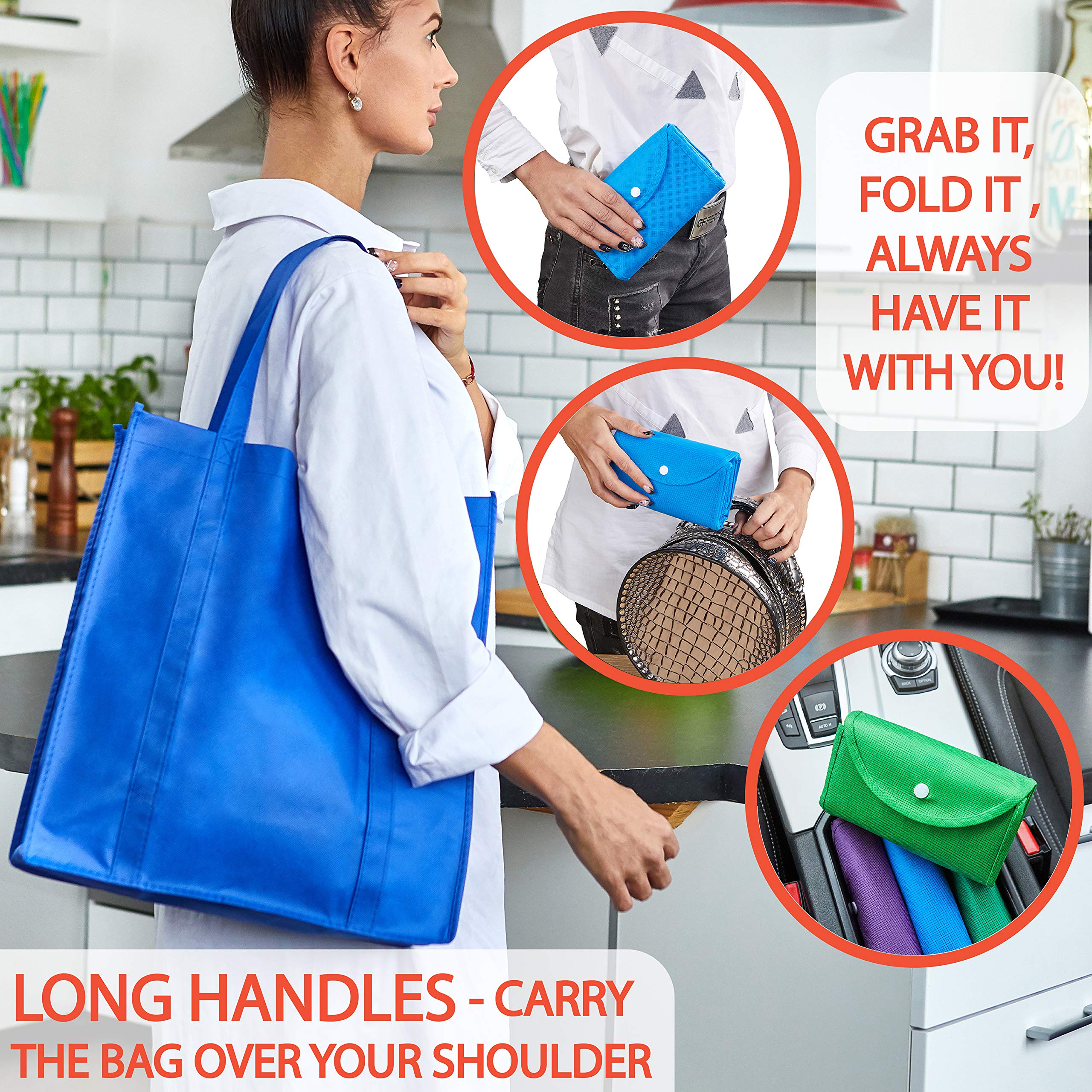 CLEVERFECT Extra Large Grocery Bags (Set of 5) - Foldable Into Pouch, Durable Heavy Duty Totes With Long Handles, Washable & Eco Friendly