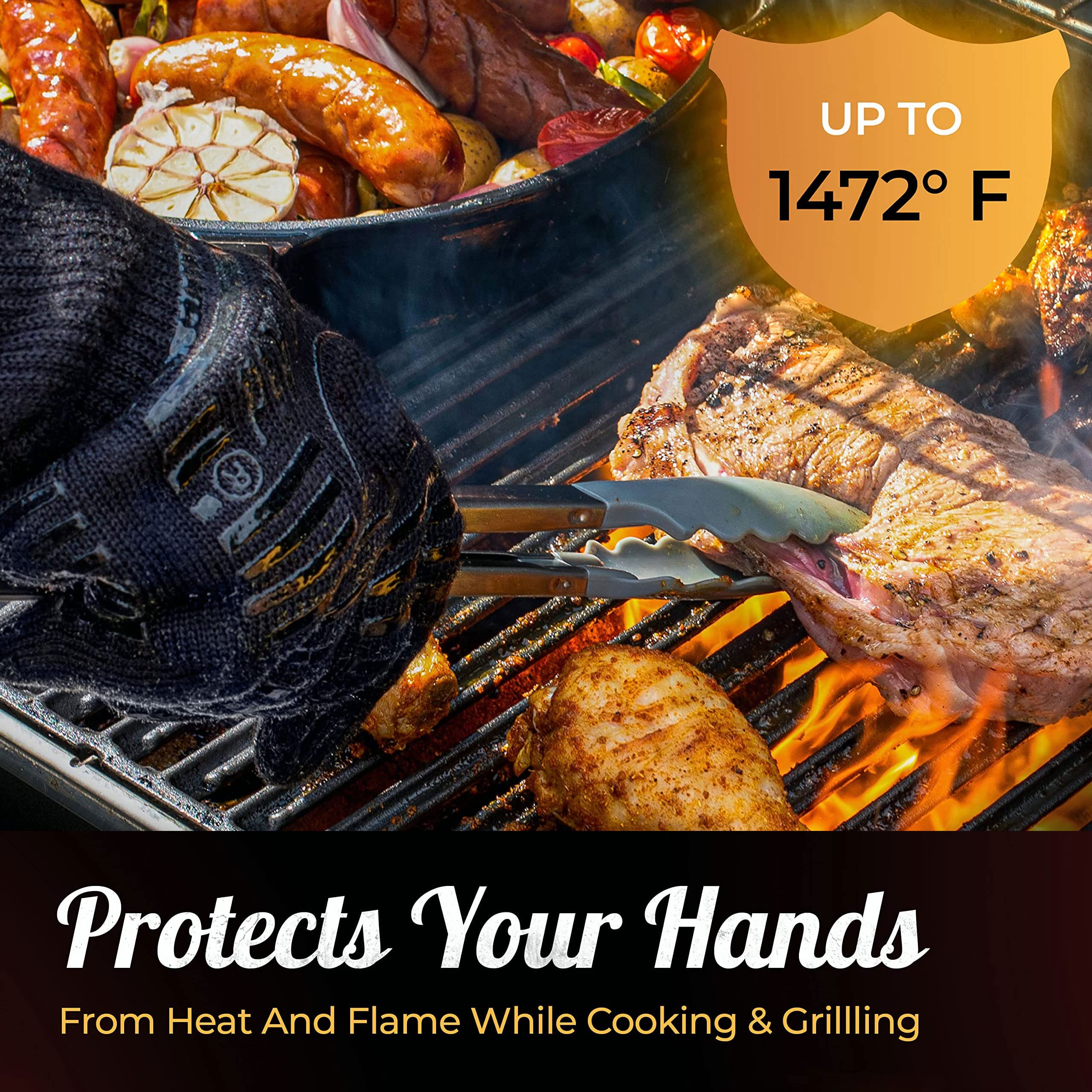 Heat Resistant Silicone BBQ Gloves - Fire Protection up to 1472°F - Insulated Glove Set for Hot Barbecue, Grill, Smoker, Baking, Cooking, and Cutting - Indoor or Outdoor Mitts Fit Men and Women