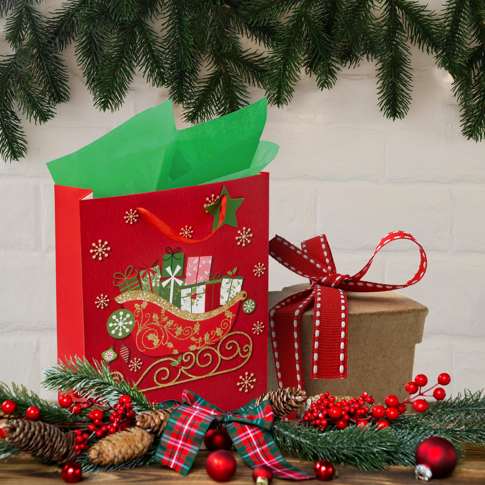 RACHELLE'S Christmas Gift Bags (Medium, 13"x10"x4") - 2 Pack Sturdy Paper Gift Bags with Tissue Paper, Tag and Handle - Ideal Party Favors and Gifting this Christmas Holiday Season