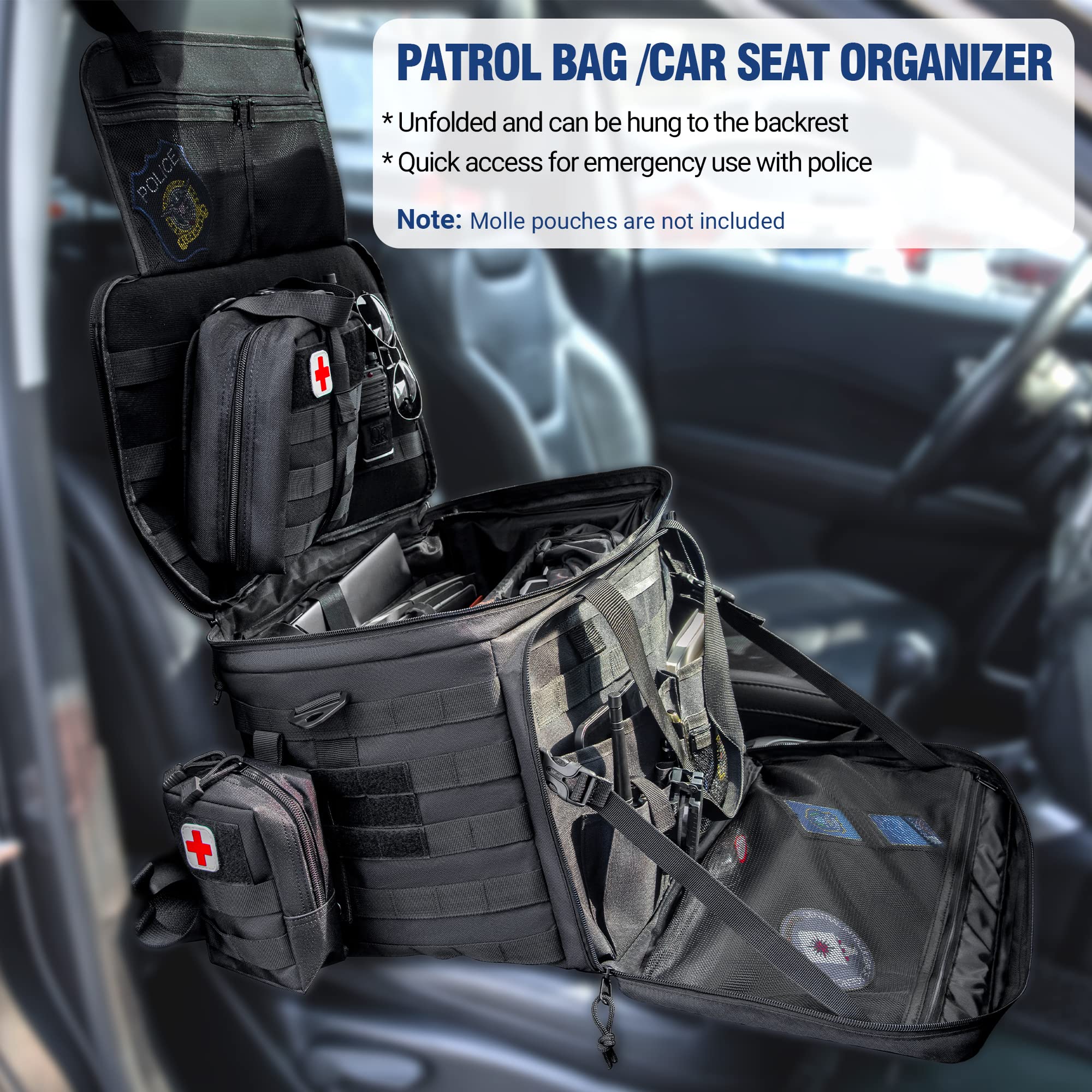 Golkcurx Patrol Bag, Patrol Bag Law Enforcement, Police Gear Bag for Car Front Seat Organizer with Cup Holders, MOLLE System, Fits Vehicle Passenger Seat (Black)