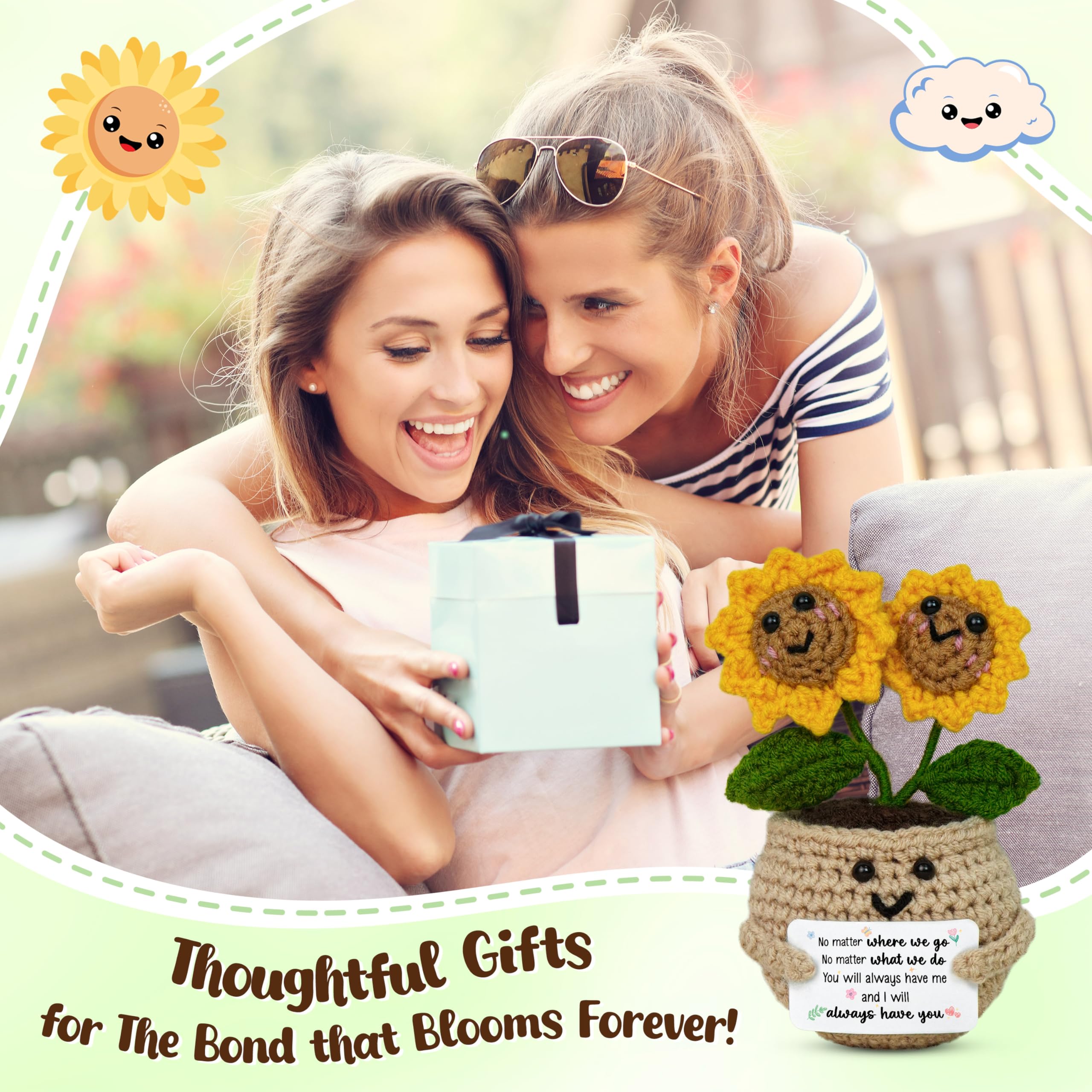 OASSIE Best Friend Birthday Gifts for Women - Emotional Support Crochet Sunflower with Card - Best Friend Friendship Birthday Gifts for Women Friends Bestie BFF Coworker, Gift for Friends Female
