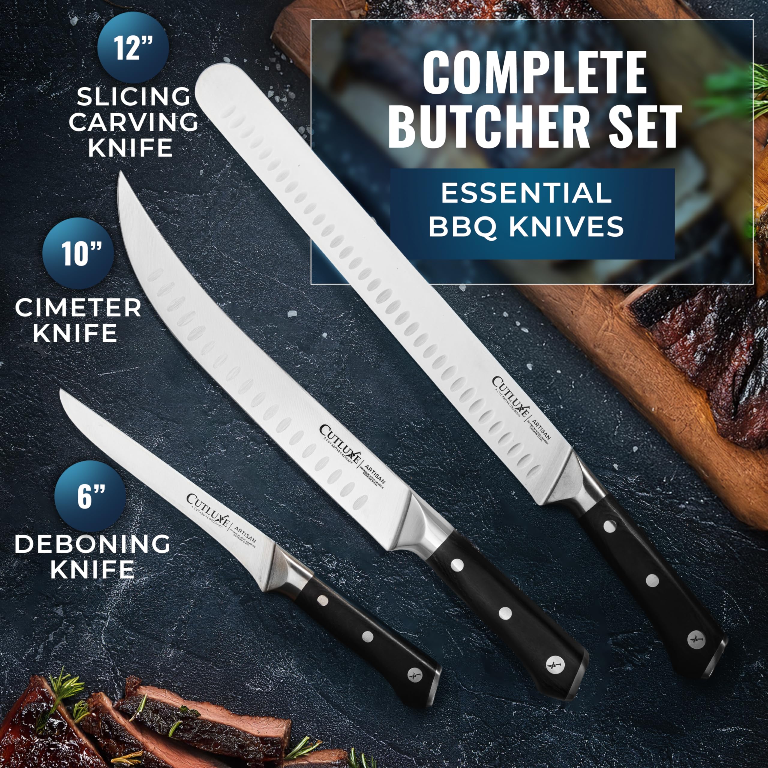 Cutluxe Butcher Knife Set – BBQ Brisket Knife, Breaking Knife & Boning Knife – Slicing Carving Knife Set for Meat Cutting, Ultra Sharp German Steel, Full Tang, Ergonomic Handles – Artisan Series