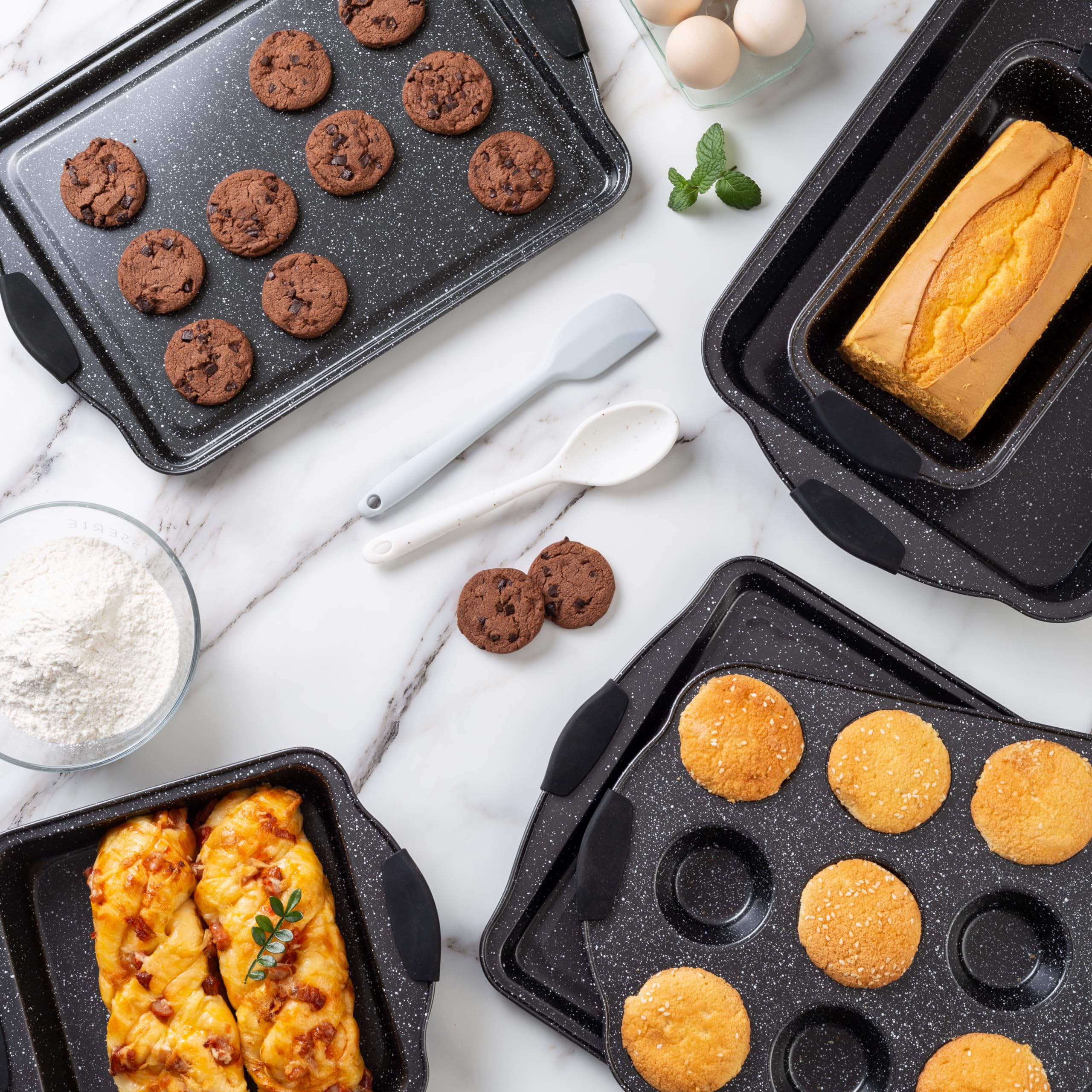 Country Kitchen 10-Piece Nonstick Stackable Bakeware Set - PFOA, PFOS, PTFE Free Baking Tray Set w/Non-Stick Coating, 450°F Oven Safe, Round Cake, Loaf, Muffin, Wide/Square Pans, Cookie Sheet