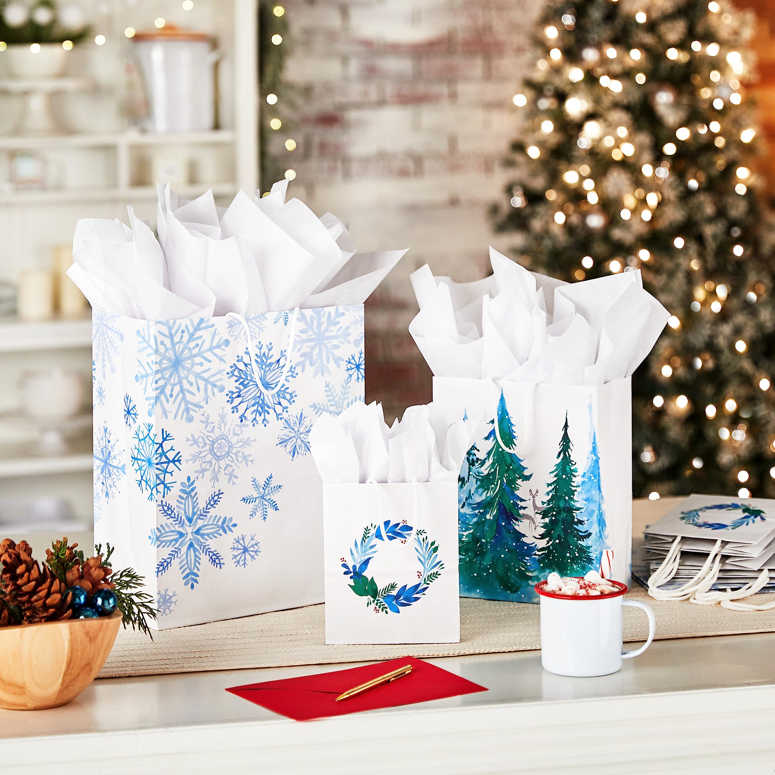 Hallmark Christmas Gift Bags - White with Wreaths, Snowflakes and Trees (8 Recyclable Bags: 3 Small 6", 3 Medium 9", 2 Large 13") for Holiday Parties, Hanukkah, Winter Weddings