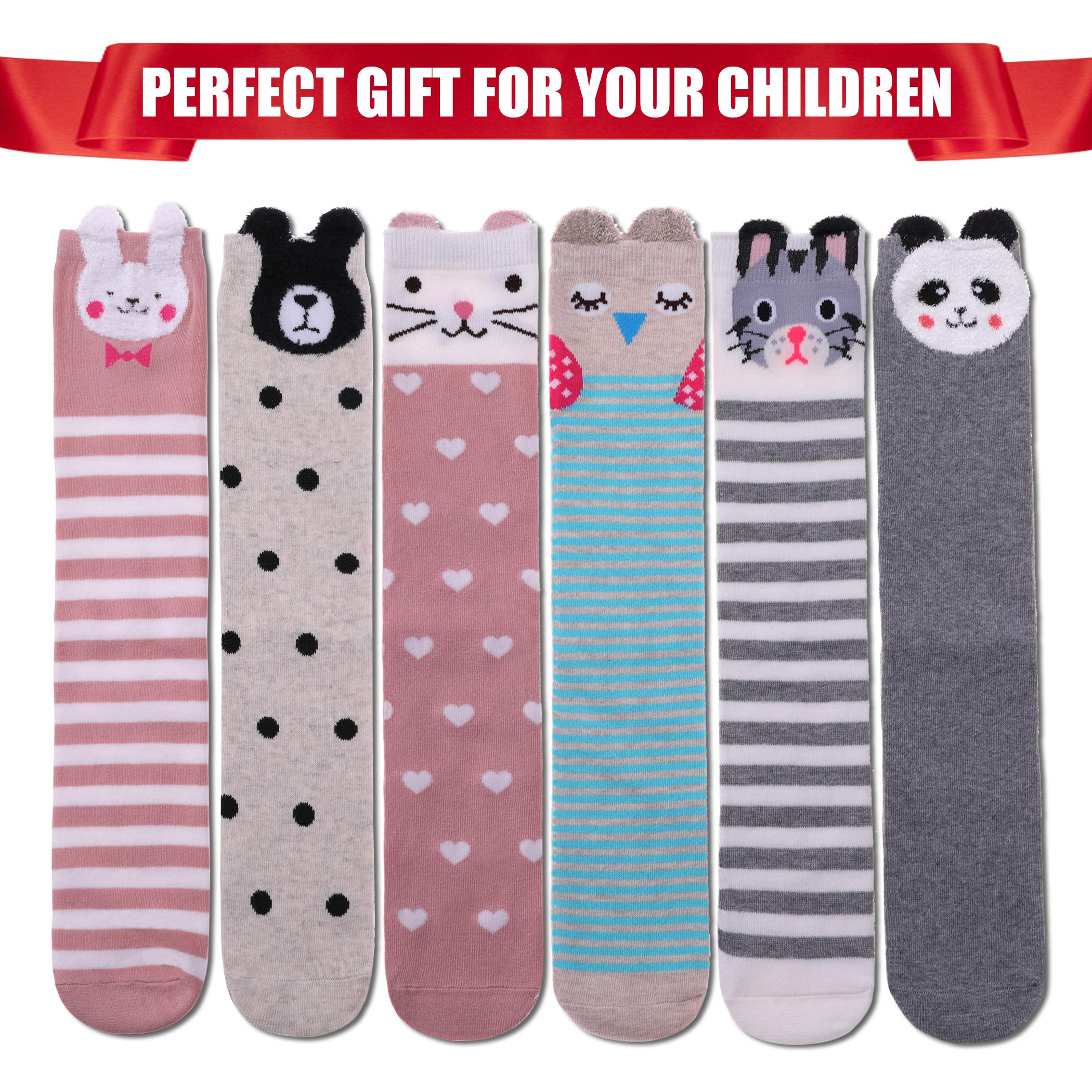 FNOVCO Girls Knee High Socks Kids Crazy Fun Gift Cute Animal Patterns Cotton Long Socks 6 Pairs (6 Pairs Animal)