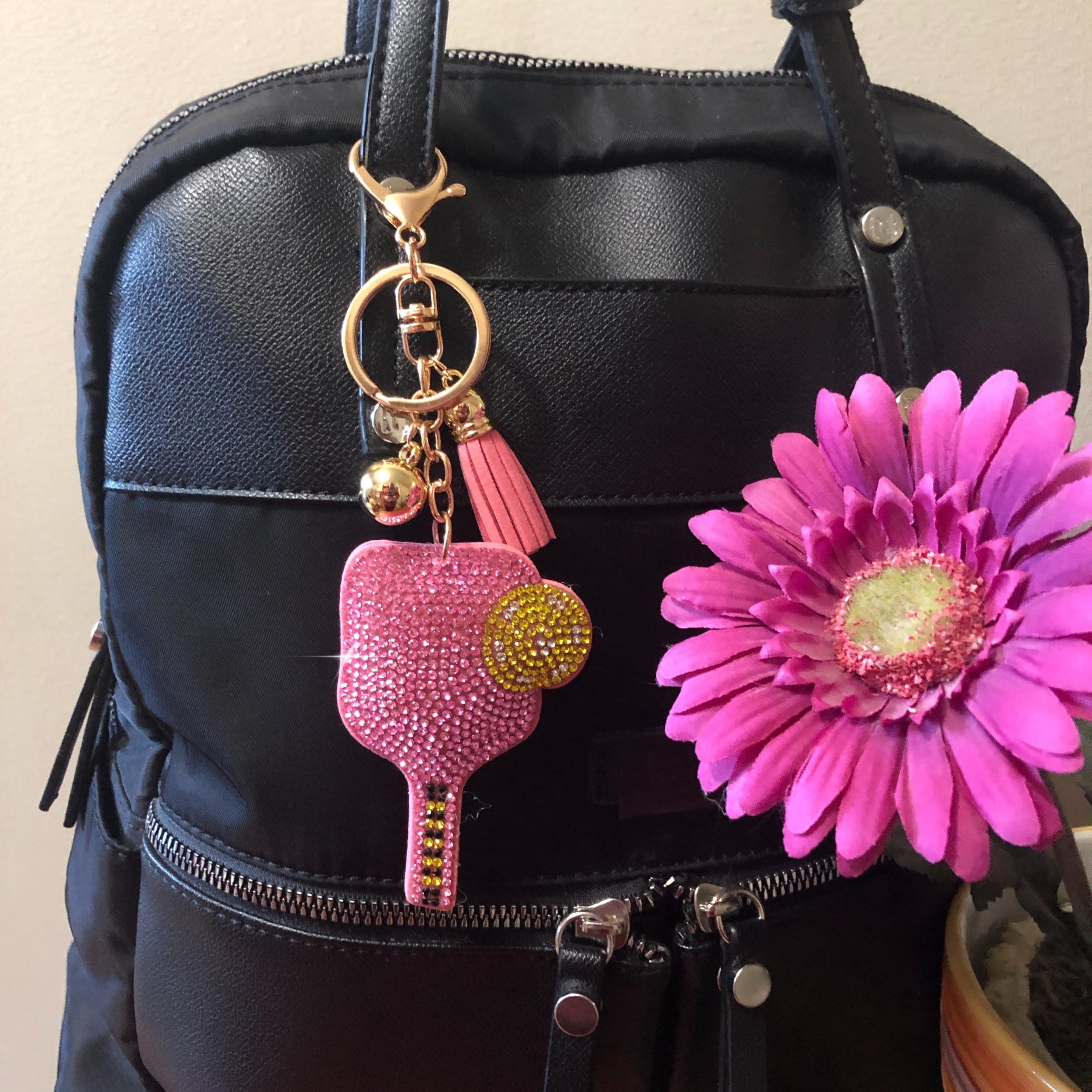 Popfizzy Rhinestone Pink Pickleball Keychain for Women, Bling Pickleball Backpack Keychain for Girls, Pickleball Gifts