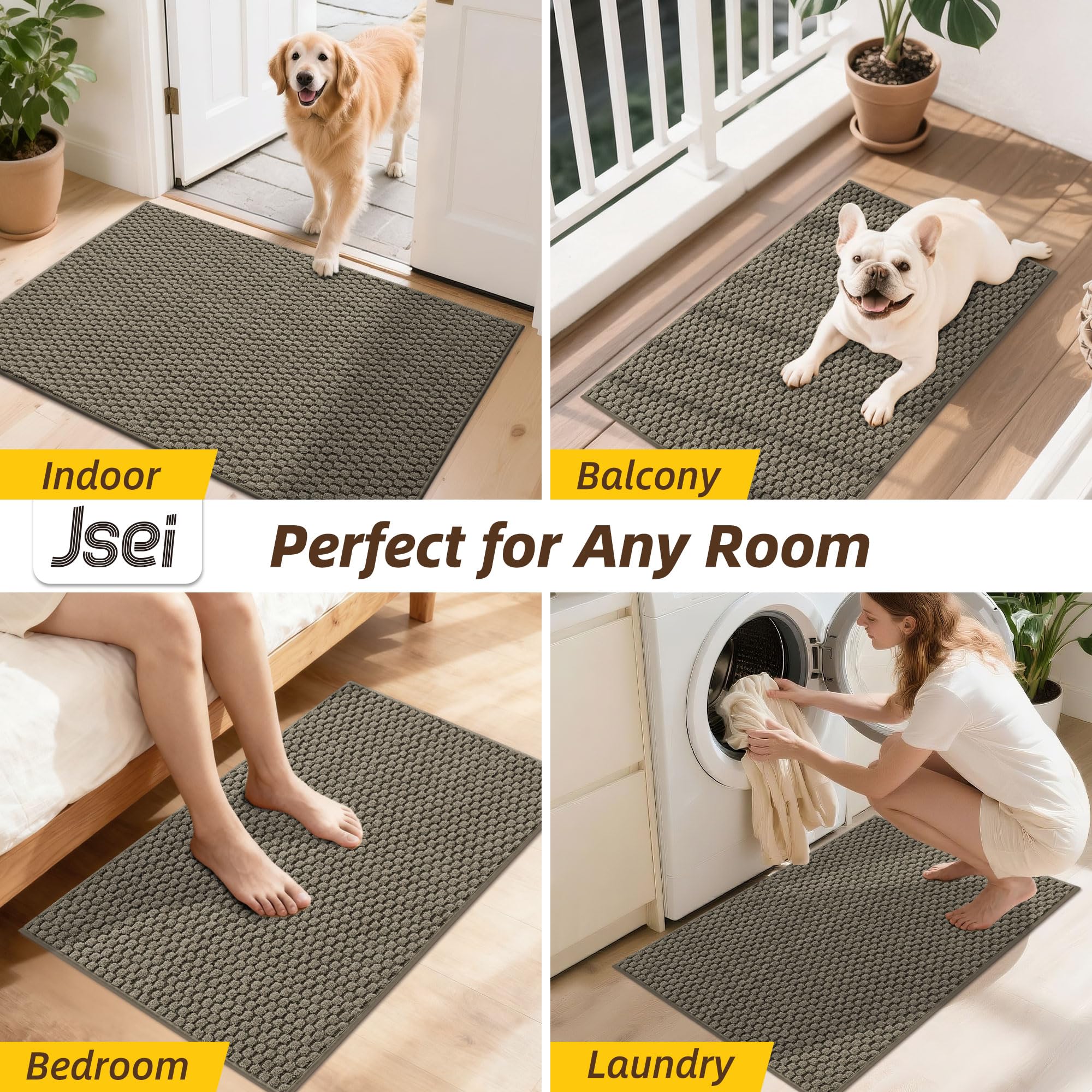 JSEI Dirt Trapper Door Mat 32"x48", Non-Slip Entryway Rugs Doormat Indoor, Washable Absorbent and Stain Resist Welcome Floor Mat for Front Door, Dog Door Mat, Muddy Wet Shoes & Paws, Greyish Brown