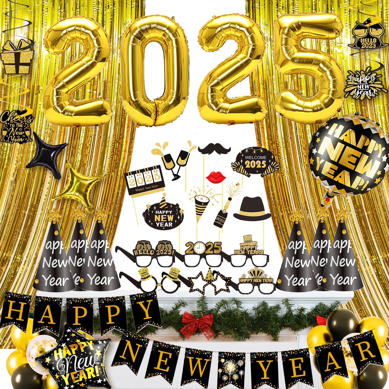 New Years Decorations 2025, New Years Eve Party Supplies 2025 Happy New Year Balloons 2025 NYE Party Kit with Cone Hats & Eyeglasses, Photo Props Happy New Year Banner Foil Curtain Hanging Swirls