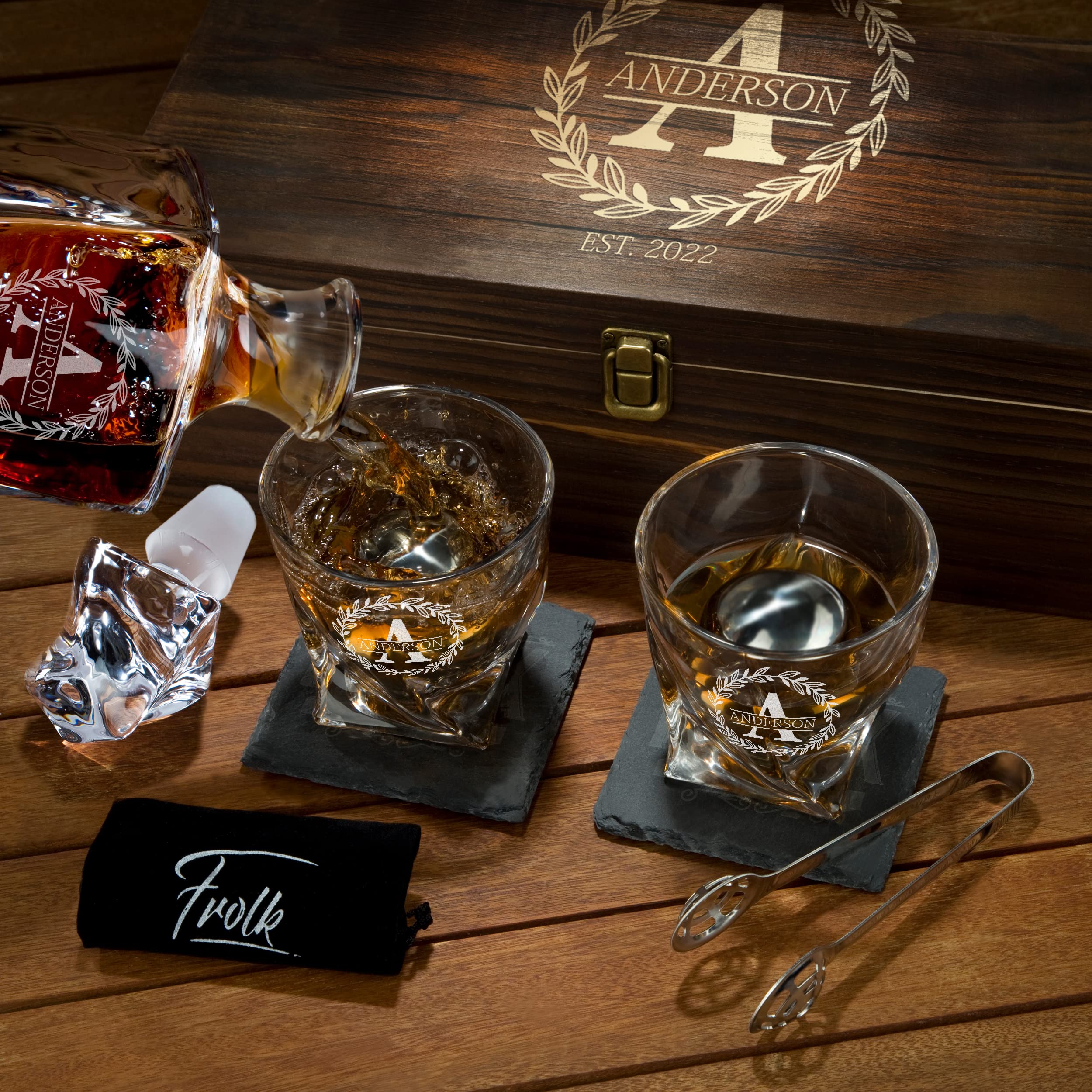 Personalized Whiskey Decanter and Stones Set - Customized Gift for Him - Men, Dad, Father - Engraved Twisted Whiskey Decanter, 2 XL Glasses, 2 XL Balls, 2 Coasters, Tongs, Pouch in Wooden Box