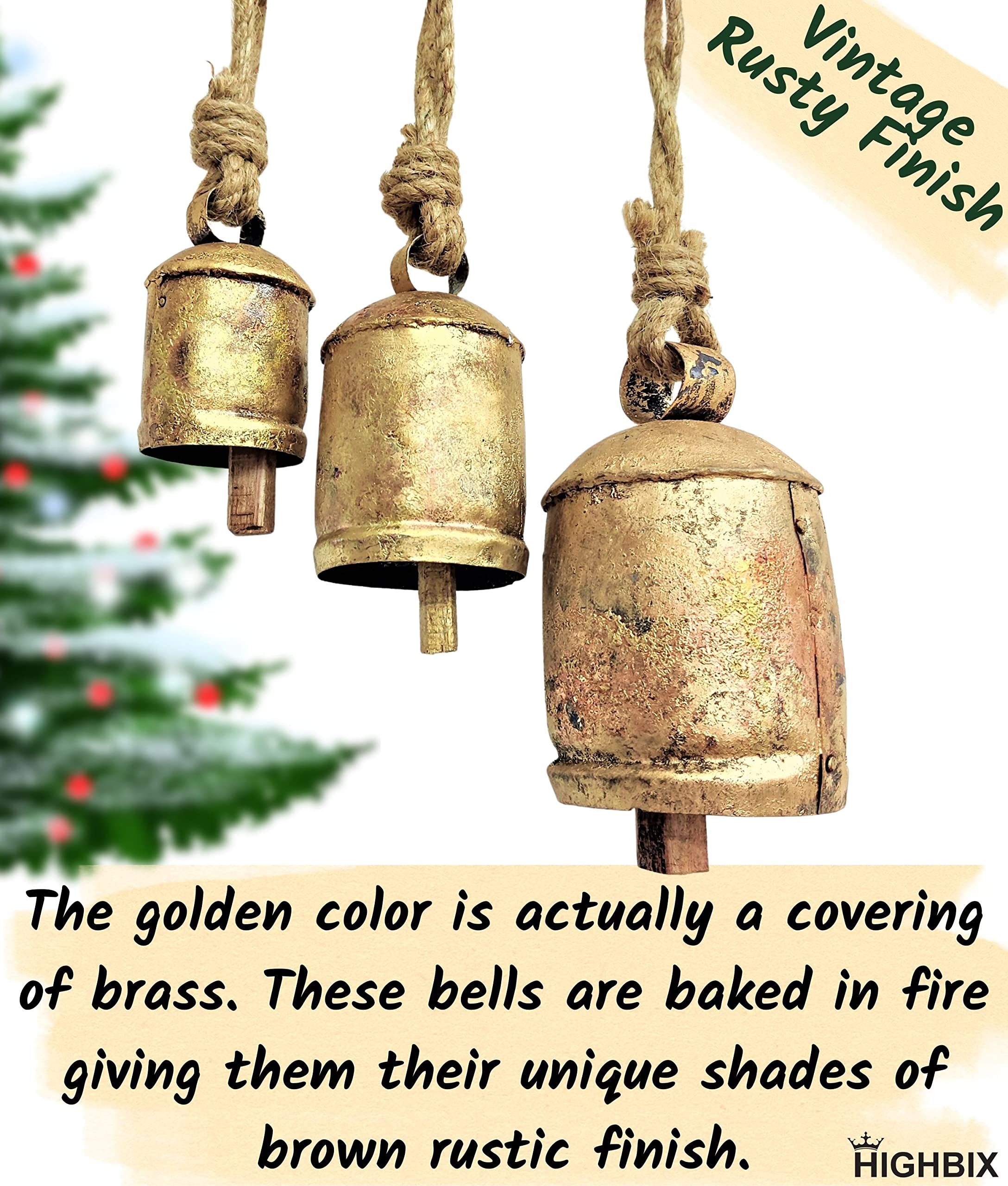 HIGHBIX Set of 3 Harmony Cow Bells Vintage Handmade Rustic Lucky Christmas Hanging Bells On Rope