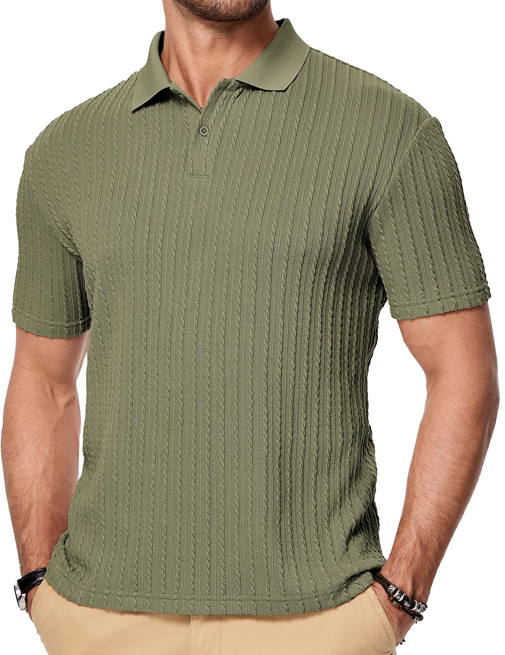 JMIERR Mens Polo Shirt Short Sleeve Casual Fashion Henley Shirts Button Dwon Knit Textured Men Gift, L, Green