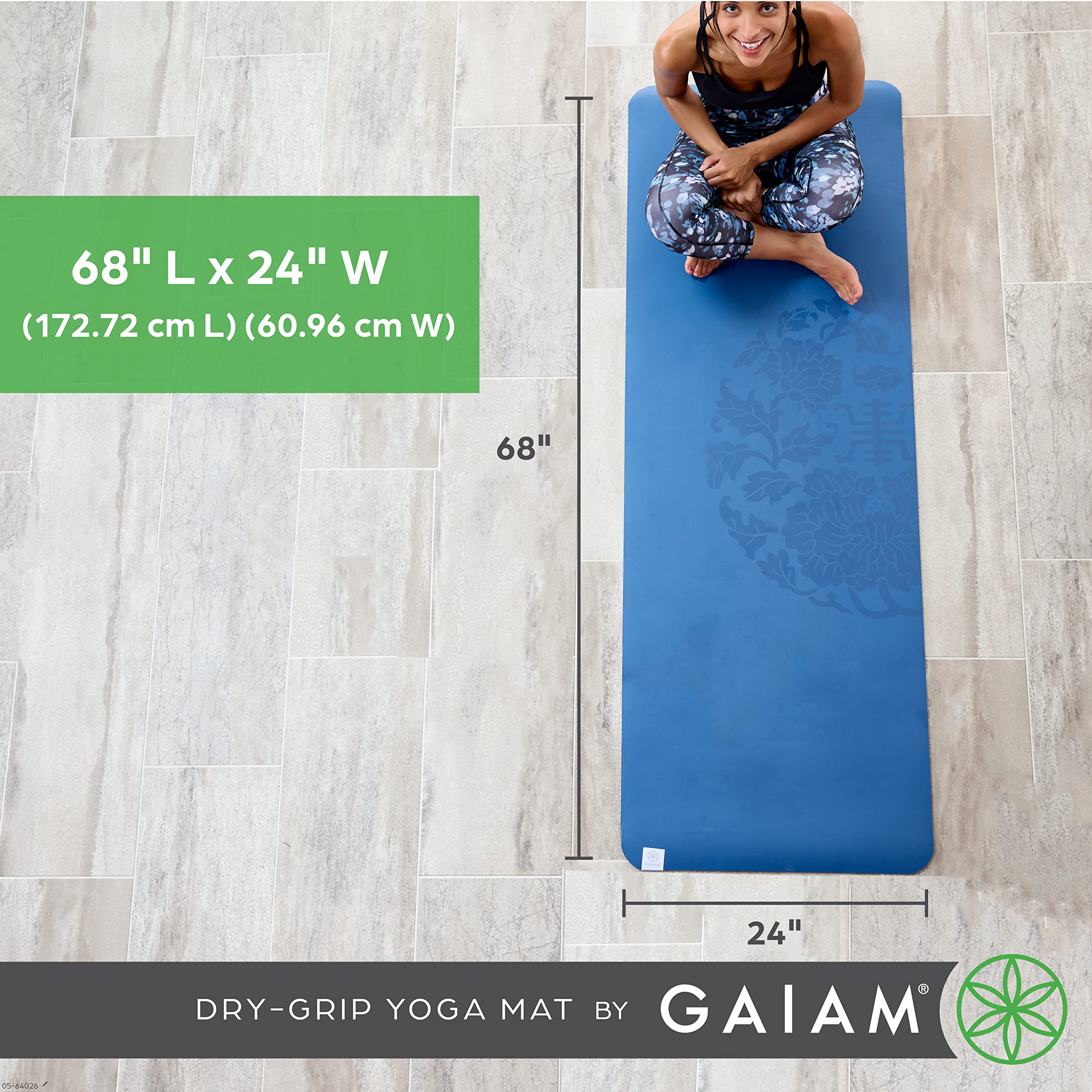 Gaiam Dry-Grip Yoga Mat - 5mm Thick Non-Slip Exercise & Fitness Mat for Standard or Hot Yoga, Pilates and Floor Workouts - Cushioned Support, Non-Slip Coat - 68 x 24 Inches - Marbled