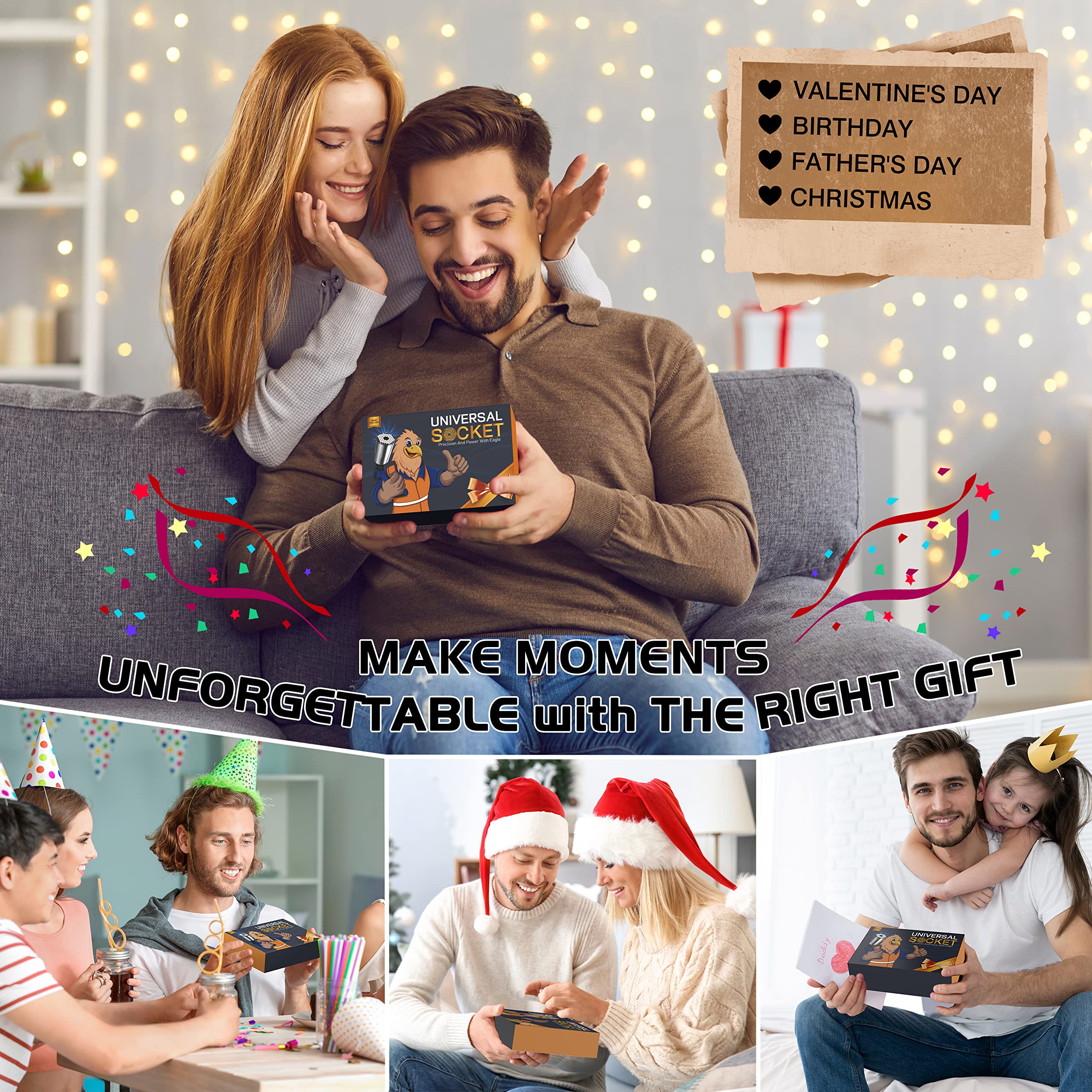 Gifts for Men Super Universal Socket - Tool Stocking Stuffers for Men 7-19mm Socket Wrench Set with Power Drill Adapter, Unique Christmas Birthday Gifts for Dad Husband Him Cool Stuff Gadgets for Men