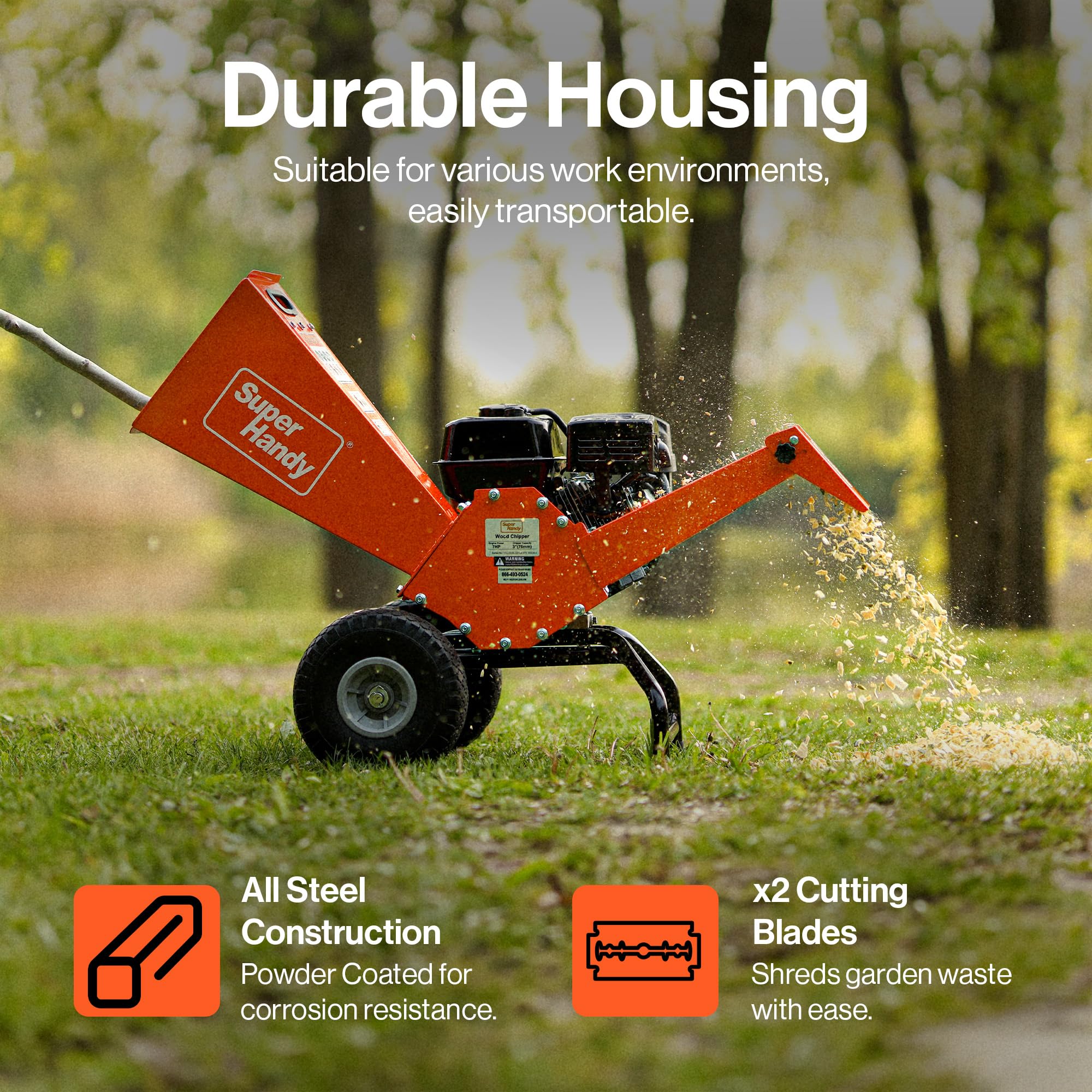 SuperHandy Wood Chipper Shredder Mulcher 7HP Engine Heavy Duty Compact Rotor Assembly Design 3" Inch Max Capacity Aids in Fire Prevention and Building Firebreaks