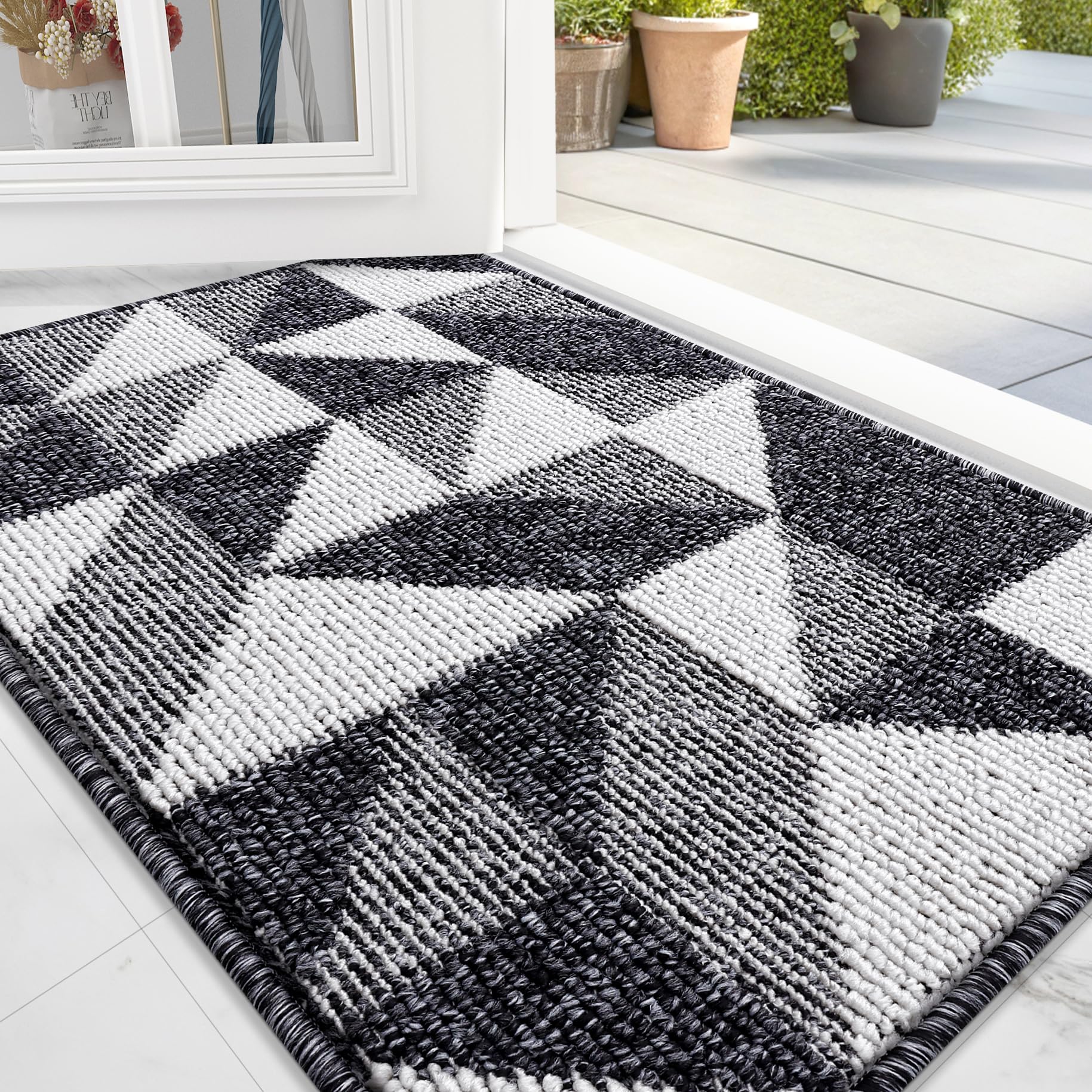 OLANLY Door Mat Indoor Entrance Washable 32x20, Odor-Free Low-Profile Front Back Geometric Door Mat, Absorbent Resist Dirt Entry Doormat, Easy to Clean Sturdy Inside Floor Mats for Entryway, Black