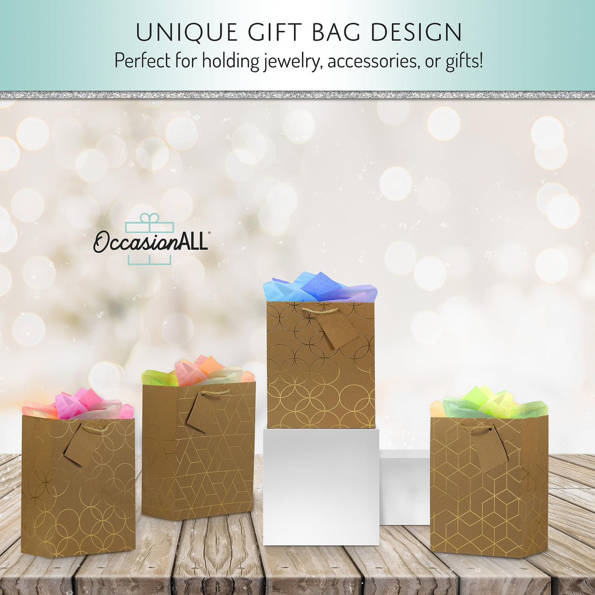 OccasionALL Gold Brown Gift Bags 12 Pack 7.5x3.5x9 Medium Geometric Print Kraft Paper Bags with Handles for Christmas, Holidays, Weddings, Birthdays, Bulk Shopping
