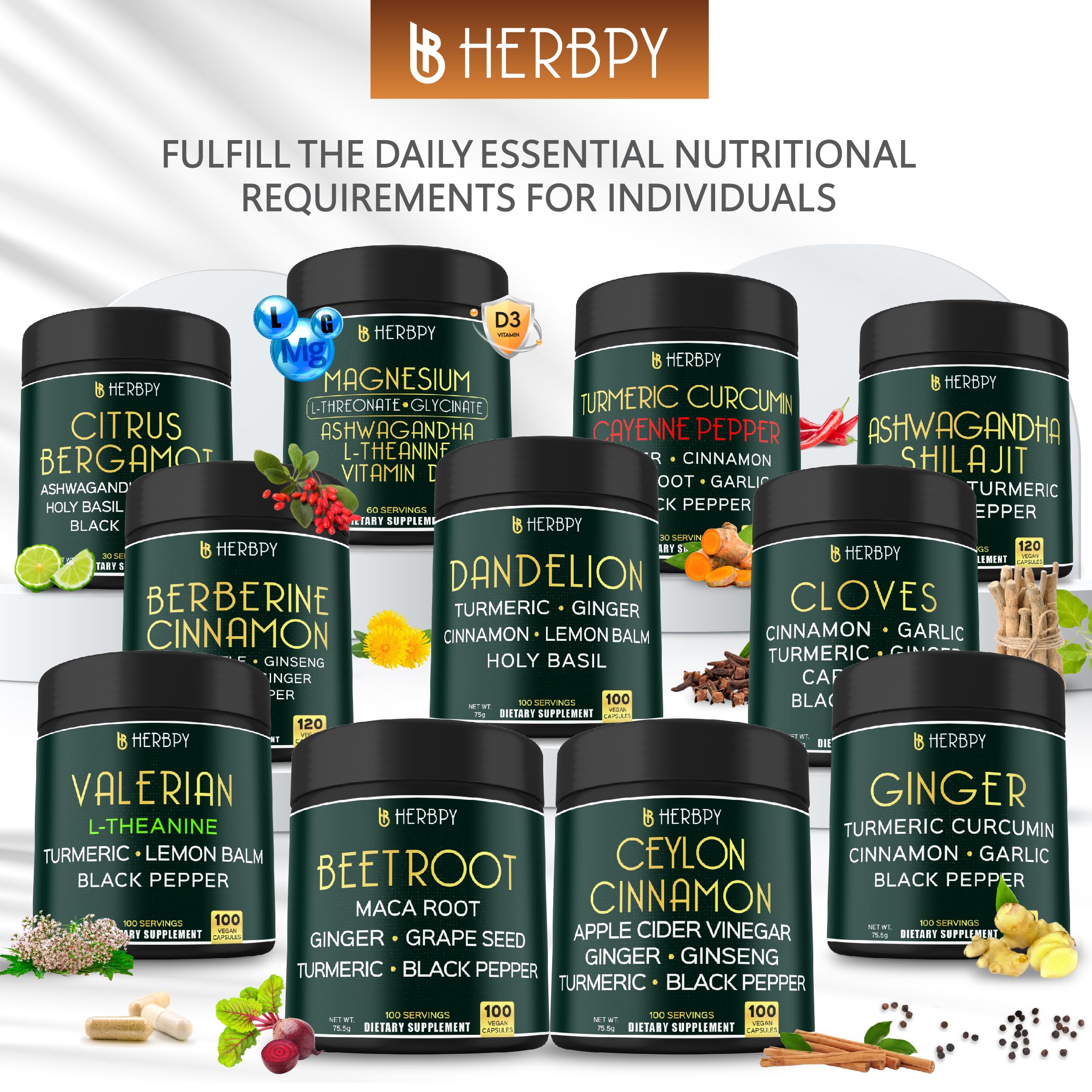 Herbpy 6in1 Premium Ceylon Cinnamon Supplement Plus Apple Cider Vinegar, Turmeric, Ginger, Ginseng - Weight Management, Digestion - 100 Vegan Capsules