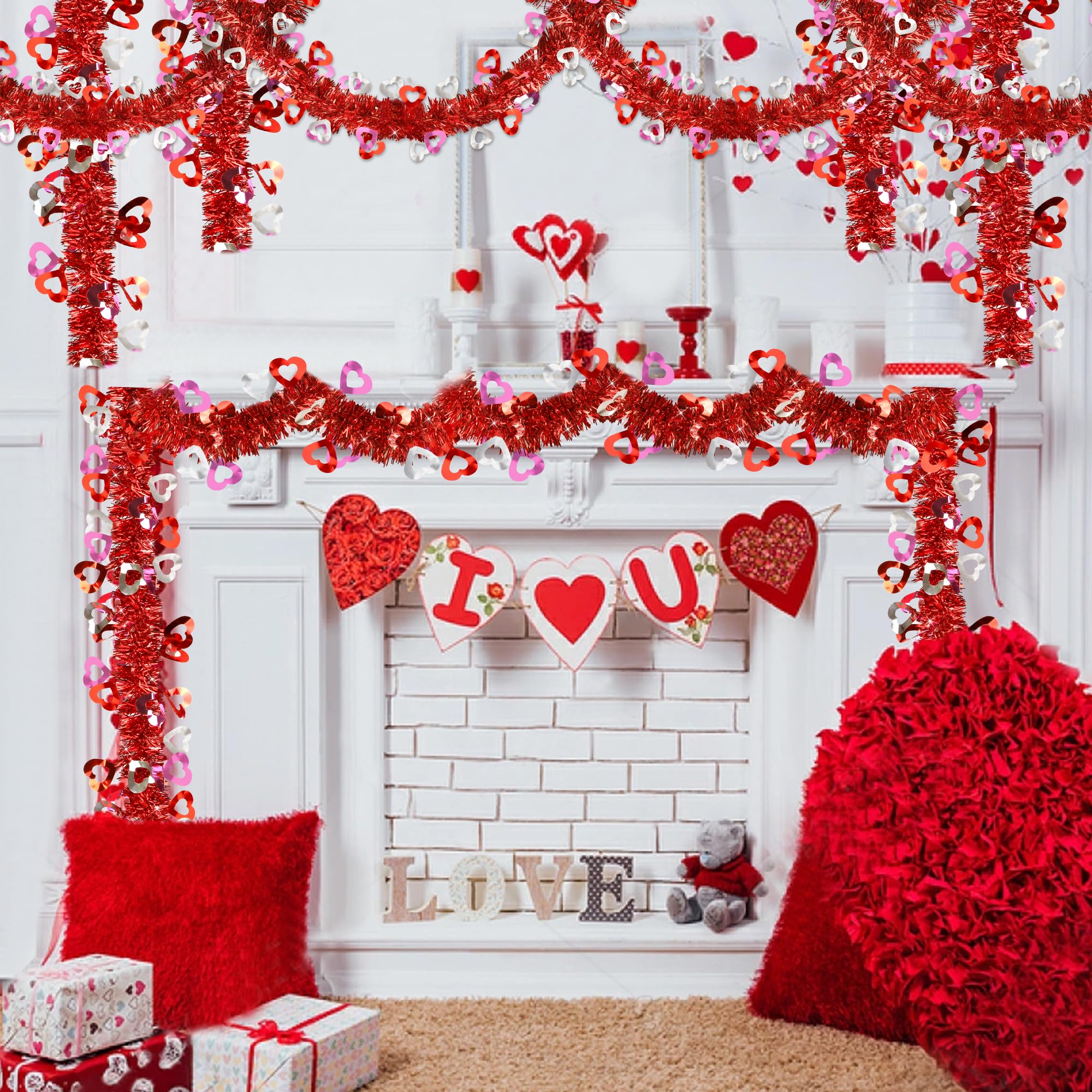 33 FT Valentines Day Decorations Tinsel Garland, Valentines Day Decor Red Pink Silver Heart Garland Valentines Metallic Garland Decorations for Tree Home Indoor Outdoor Wedding Anniversary Valentines