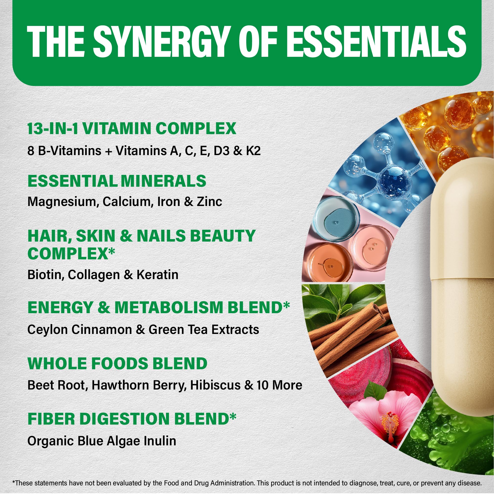 Multivitamin for Women - B-Complex | Whole Foods | Hair Growth Support | Digestion & Metabolism | Iron - 47in1 Womens Multivitamin - Bioavailable & Gentle on Stomach - Made in USA - 90 Capsules