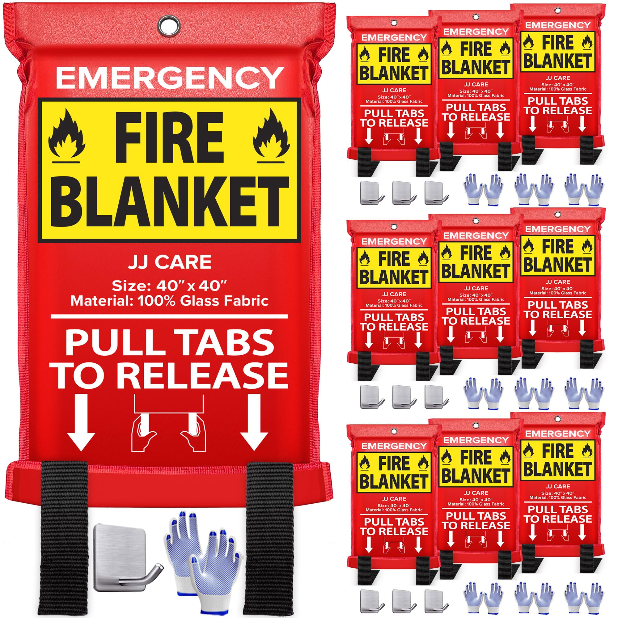 JJ CARE Fire Blanket – 10 Packs with Hooks and Gloves – Emergency Fire Blanket for Home & Kitchen, High Heat Resistant Fire Suppression Blankets for Home Safety, Kitchen, and Camping