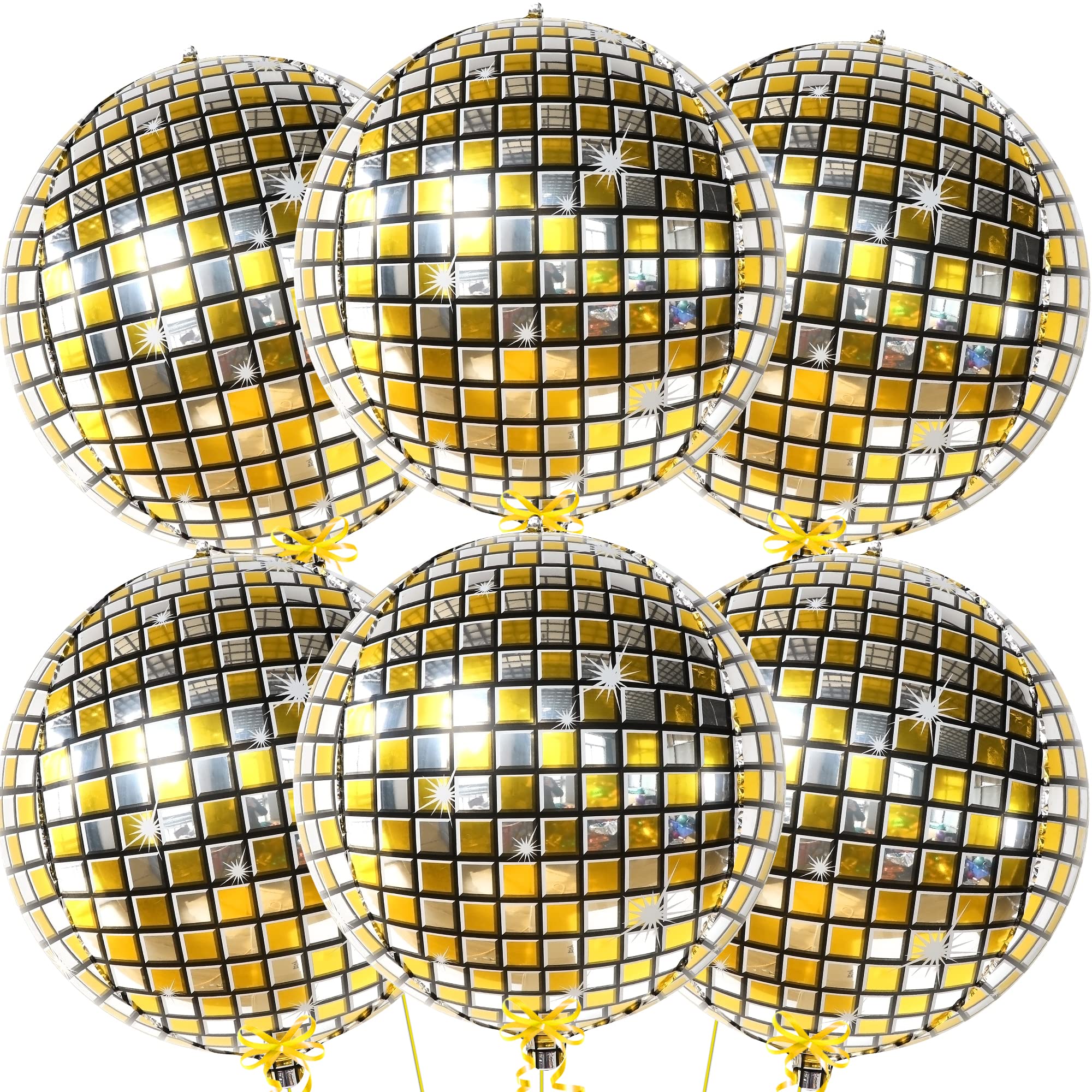 KatchOn, Gold Disco Ball Balloons - Big 22 Inch, Pack of 6 | Metallic 4D Sphere Gold Disco Balloons for New Years Eve Party Supplies 2025 | Gold New Years Balloons for Gold Disco Party Decorations