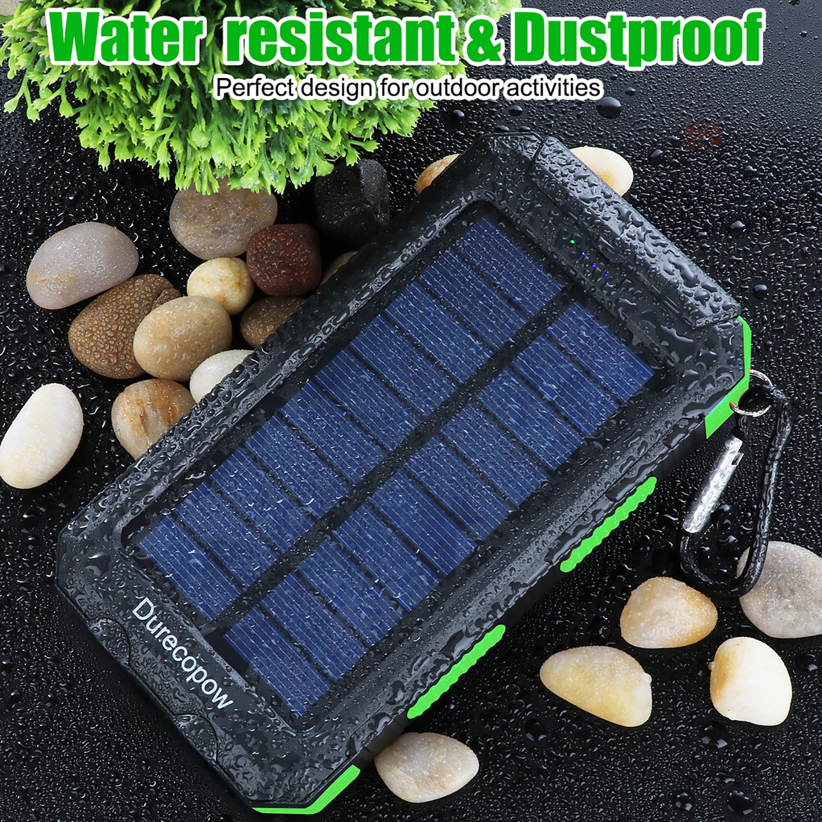 Solar Charger, 20000mAh Portable Outdoor Waterproof Solar Power Bank, Camping External Backup Battery Pack Dual 5V USB Ports Output, 2 Led Light Flashlight with Compass (Green)