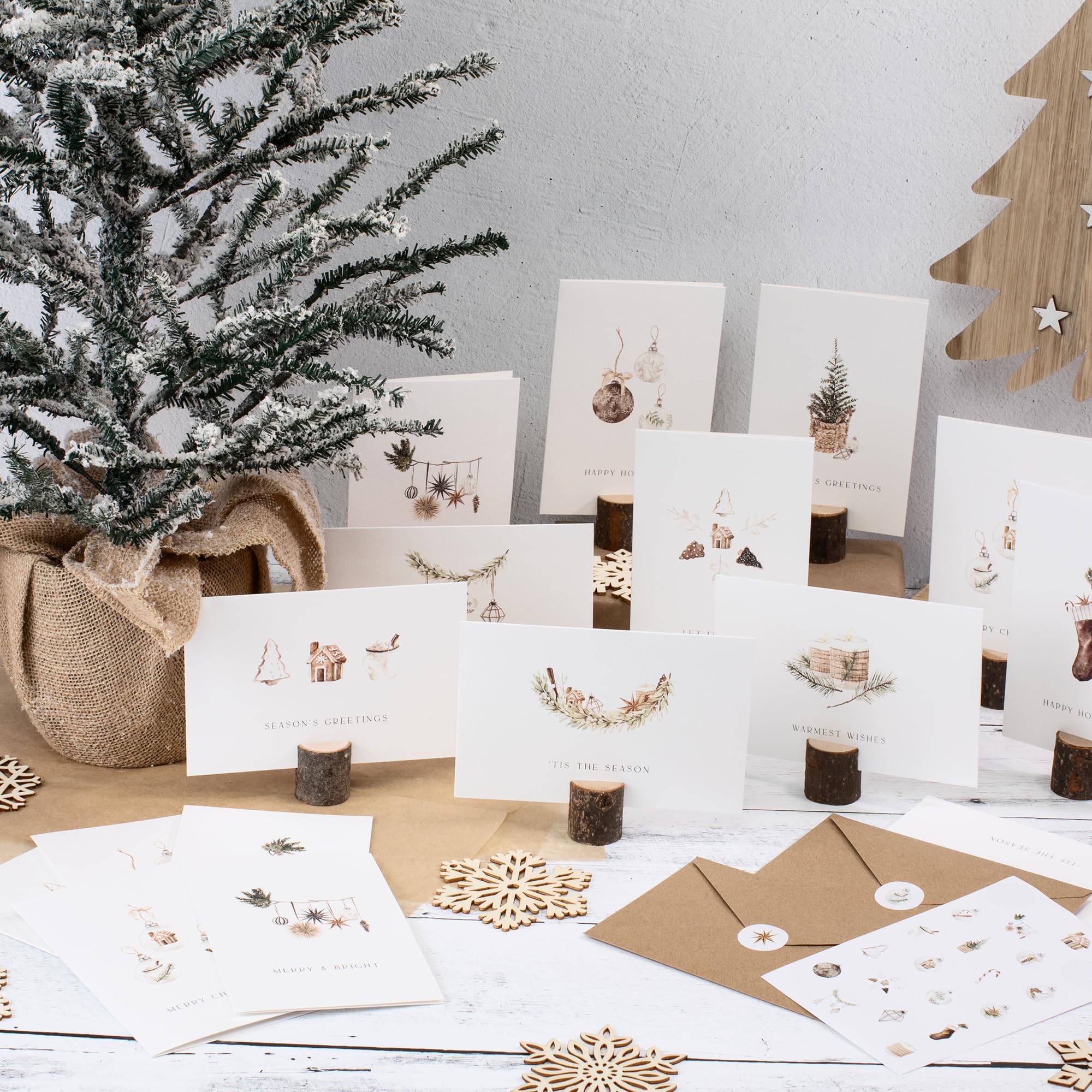 ZICOTO Beautiful Modern Rustic Christmas Cards Set of 20 - Incl. Bulk Envelopes, Matching Stickers And Storage Box - Perfect to Send Warm Holiday Wishes to Friends and Family