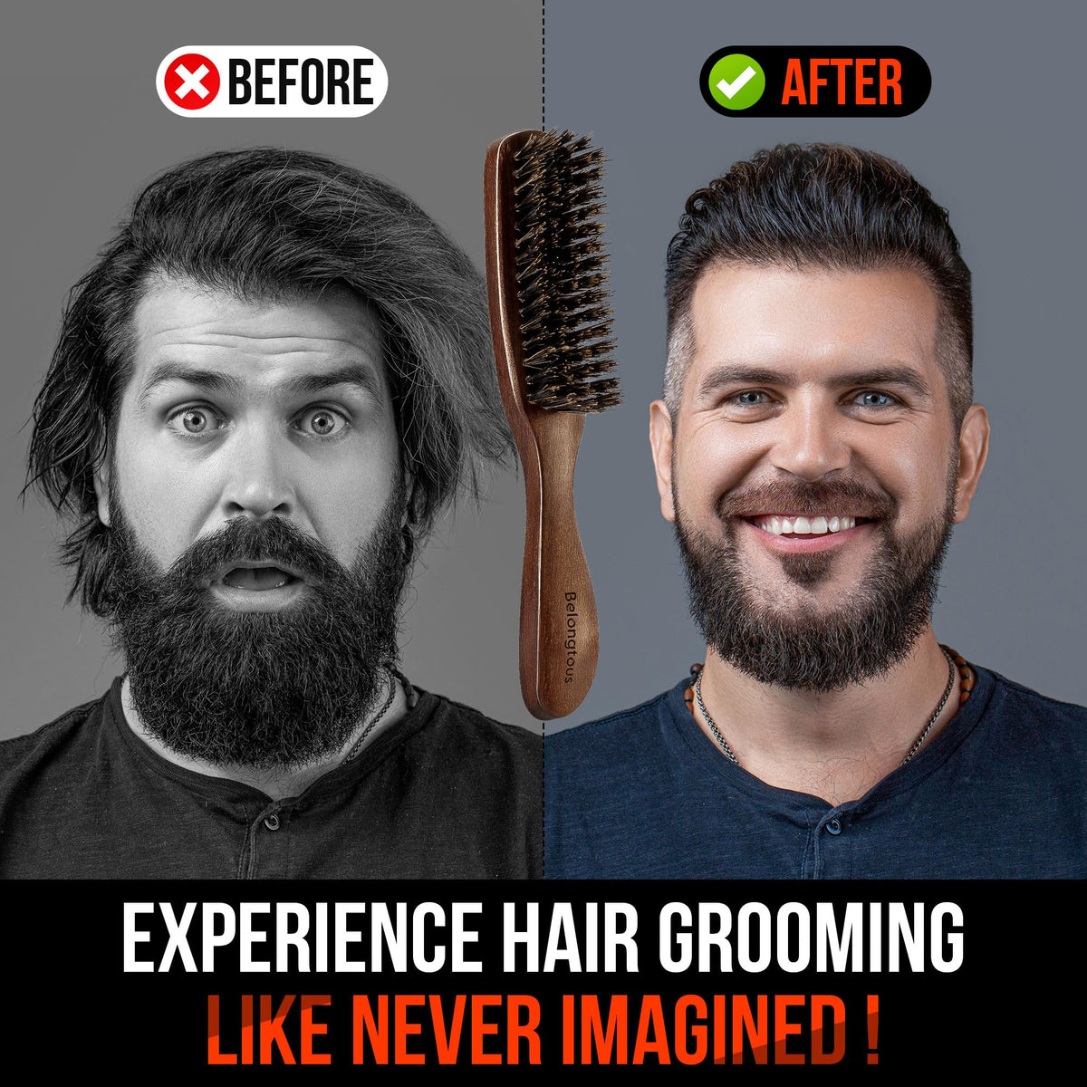 100% Wild Boar Bristle Hair Brush for Men, Stiff Bristles for Thick Hair, Ergonomically Designed Walnut Handle, Ideal for Detangling, Smoothing, Wave Styles - Belongtous