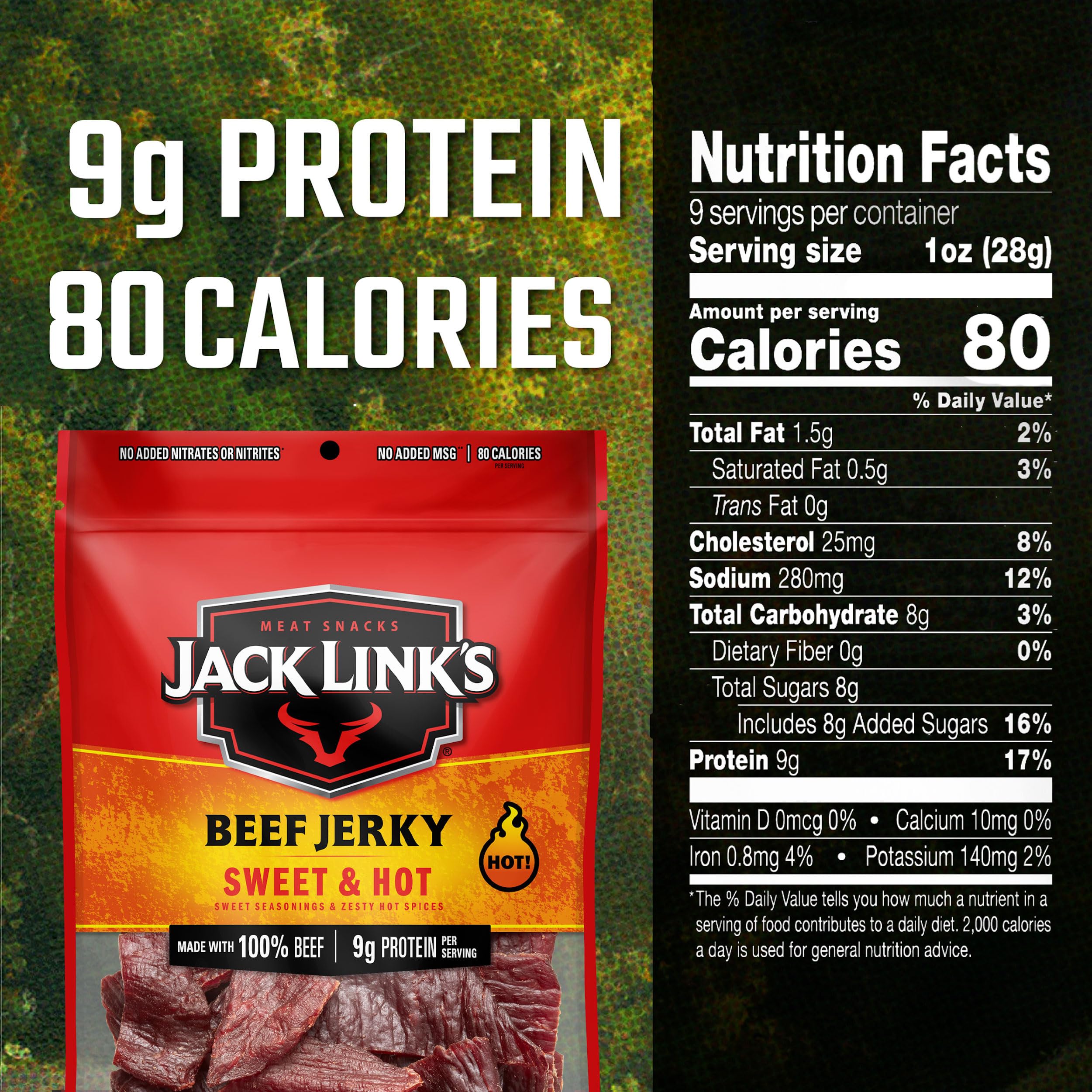 Jack Link's Beef Jerky, Sweet & Hot – Spicy Everyday Snack, 9g of Protein and 80 Calories, Made with 100% Beef – 96% Fat Free, No Added MSG** – 9 Oz. (Pack of 2)