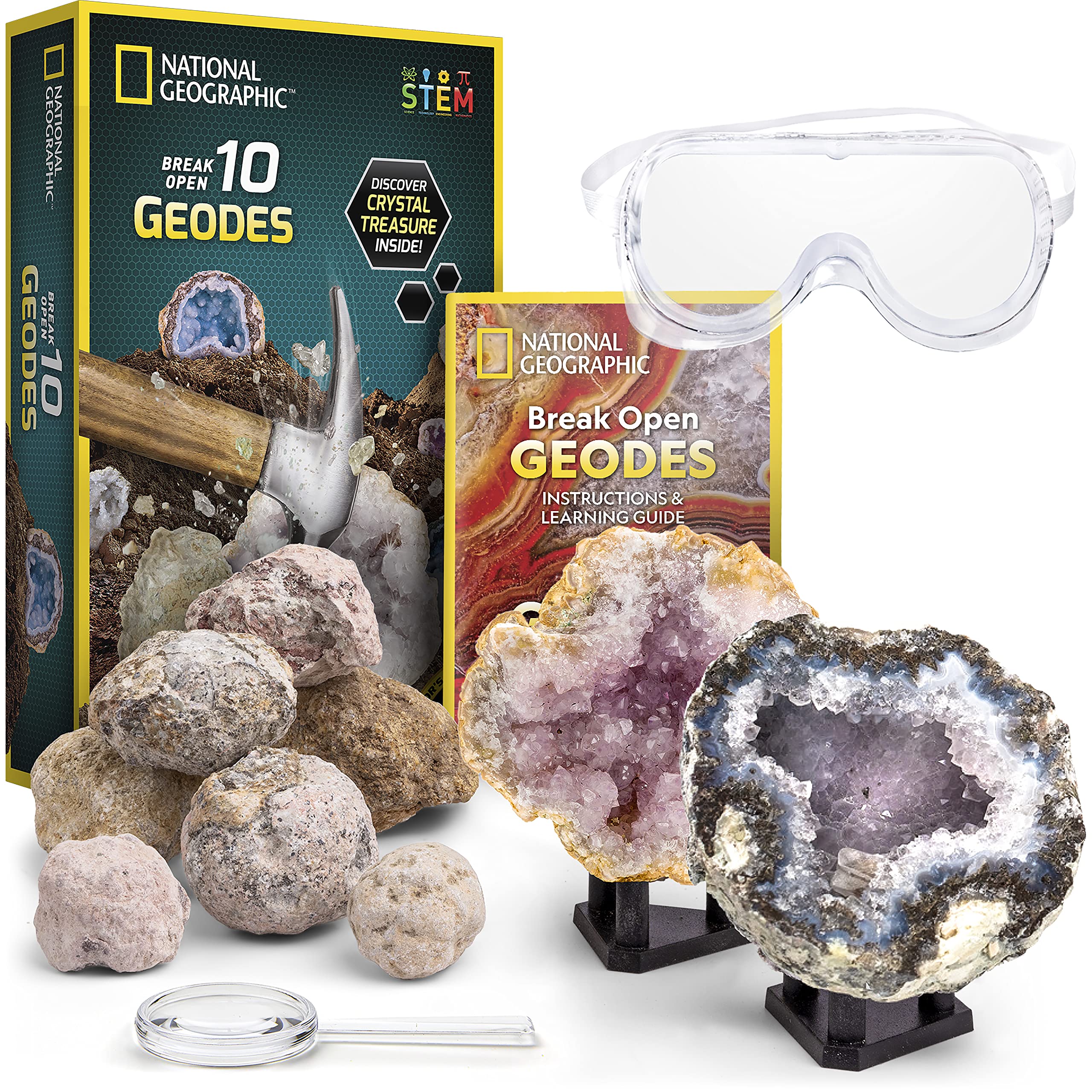 NATIONAL GEOGRAPHIC Break Open 10 Premium Geodes – Includes Goggles and 2 Display Stands - Great STEM Science Kit, Geology Gift for Kids, Break Your Own Geodes with Crystals, Toys for Boys and Girls