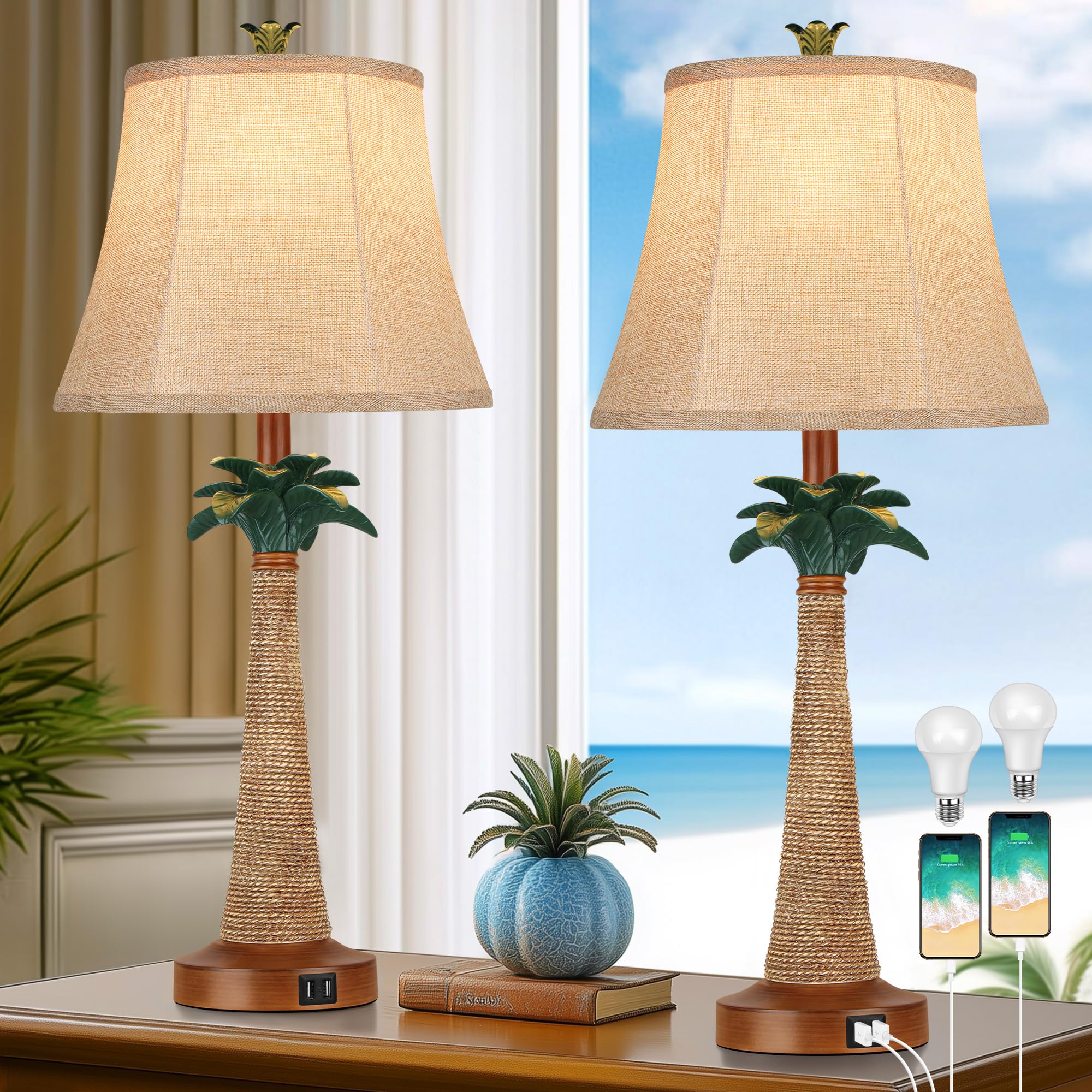 Set of 2 Coastal Palm Tree Table Lamps with 2 USB Ports for Living Room Beach Nautical Bedside Lamps for Bedroom Tropical Nightstand Lamps for Home Decor