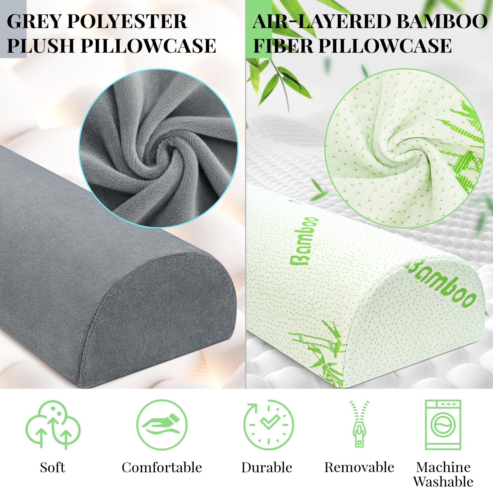 urnexttour Knee Pillow for Side Sleepers Memory Foam Leg Pillows for Sleeping Yoga Bed Half Moon Bolster Pillow for Neck Pain Relief with 2 Pillowcases 20.5 x 8 x 4.5 Inches(Grey+Green, Standard Size)