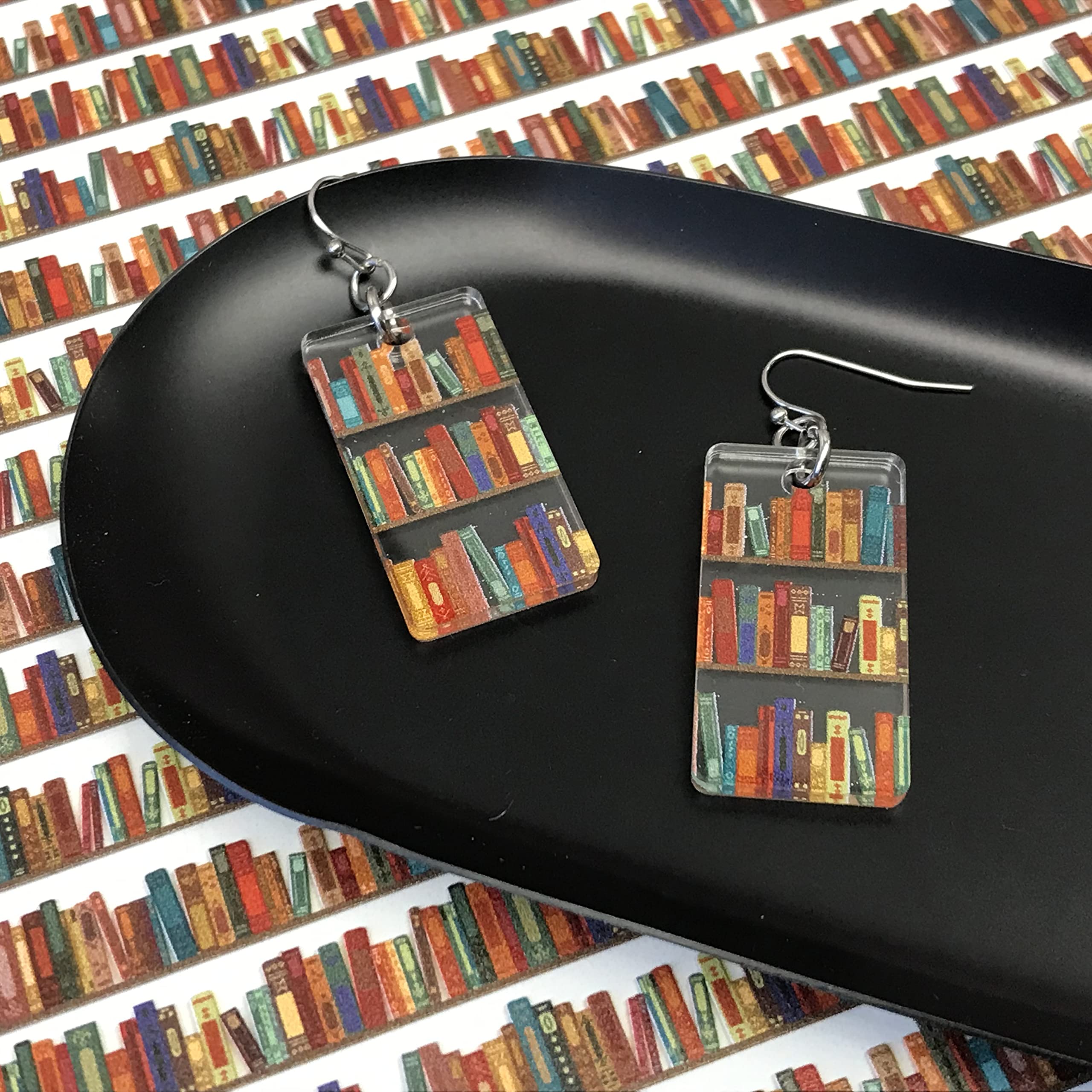 Bookcase Dangle Earrings with Book Shelves Patterned Acrylic