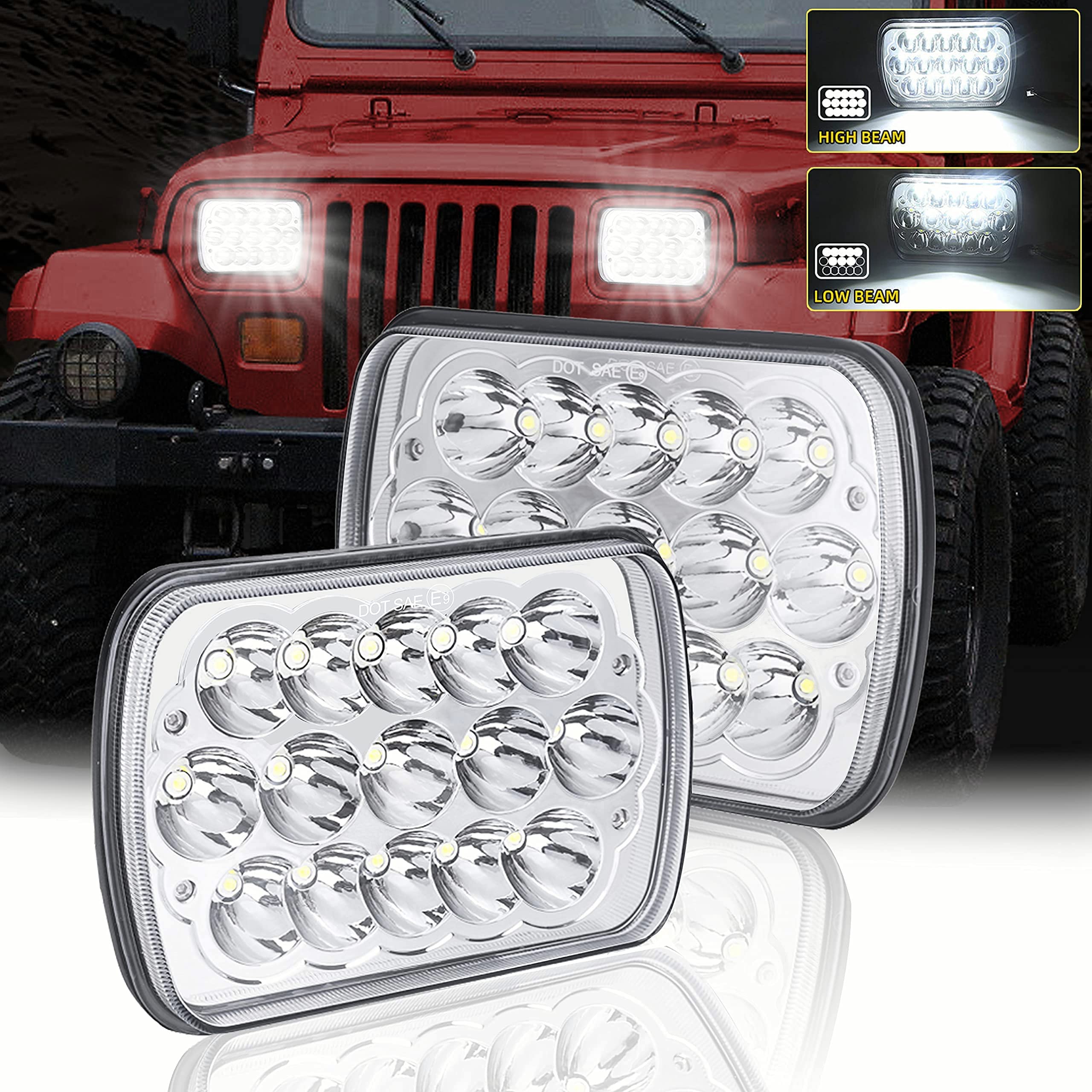 7x6 5x7 LED Lights 2Pcs Rectangular Lights H6054 H5054 90W Hi/Low Sealed Beam H4 9003 Compatible for Chevy Blazer Express Je-ep Wrangler YJ XJ Cherokee Truck