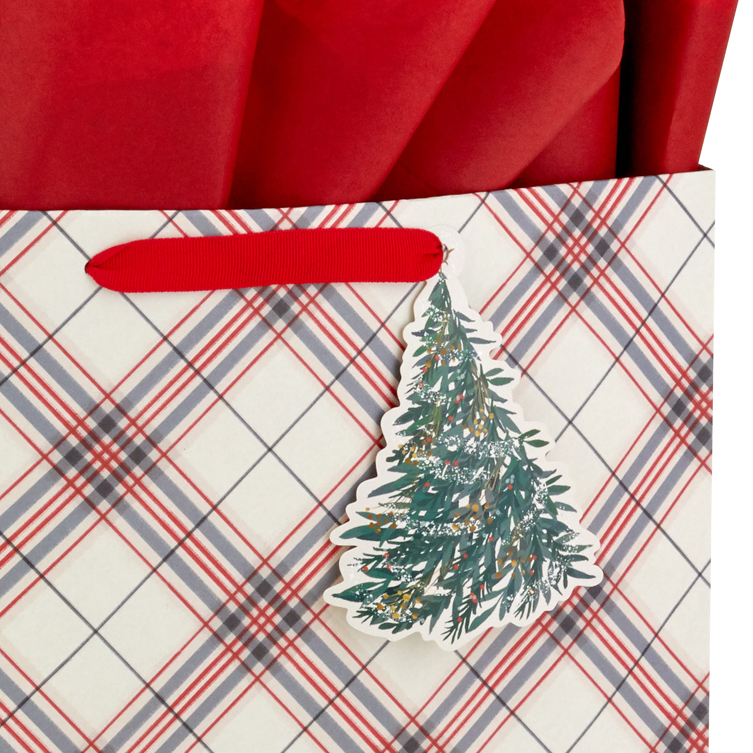 Hallmark Christmas Gift Bag Assortment with Tissue Paper (3 Bags: 2 Large 13", 1 Large Horizontal 10") Santa with Sleigh, Red and Green Plaid, Snowman on Black