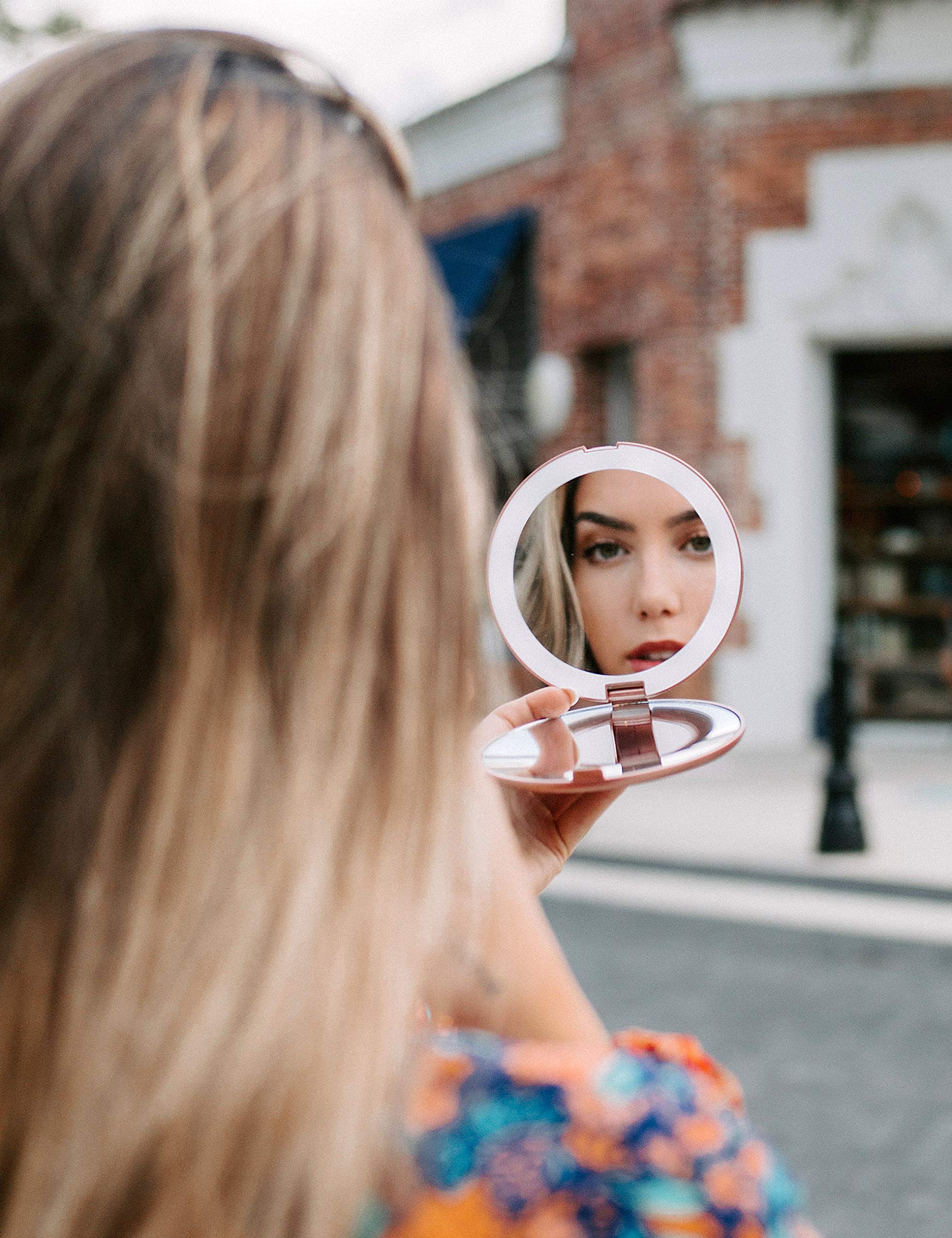 Fancii LED Lighted Travel Makeup Mirror, 1x/10x Magnification - Daylight LED, Compact, Portable, Large 5" Wide Illuminated Folding Mirror (Lumi) Rose Gold