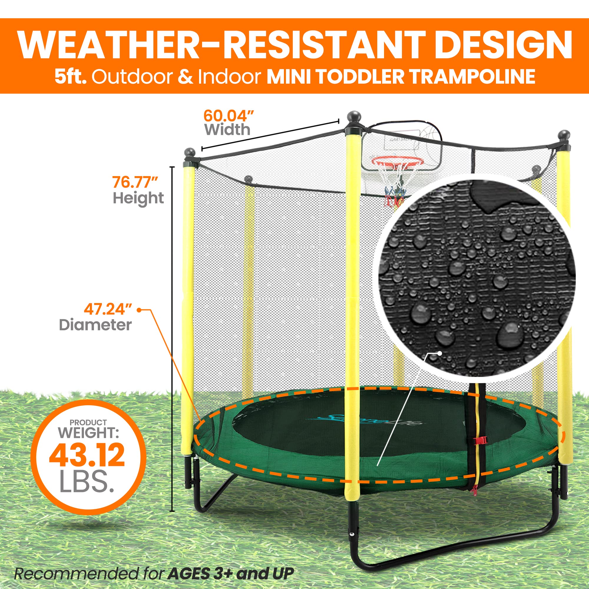 SereneLife 5ft Outdoor and Indoor Mini Toddler Trampoline with Enclosure Safety Net Basketball Hoop Jumping Fun Trampoline for Kids/Children, Basketball Hoop, Net Cage, Bday Gifts for Boys/Girls