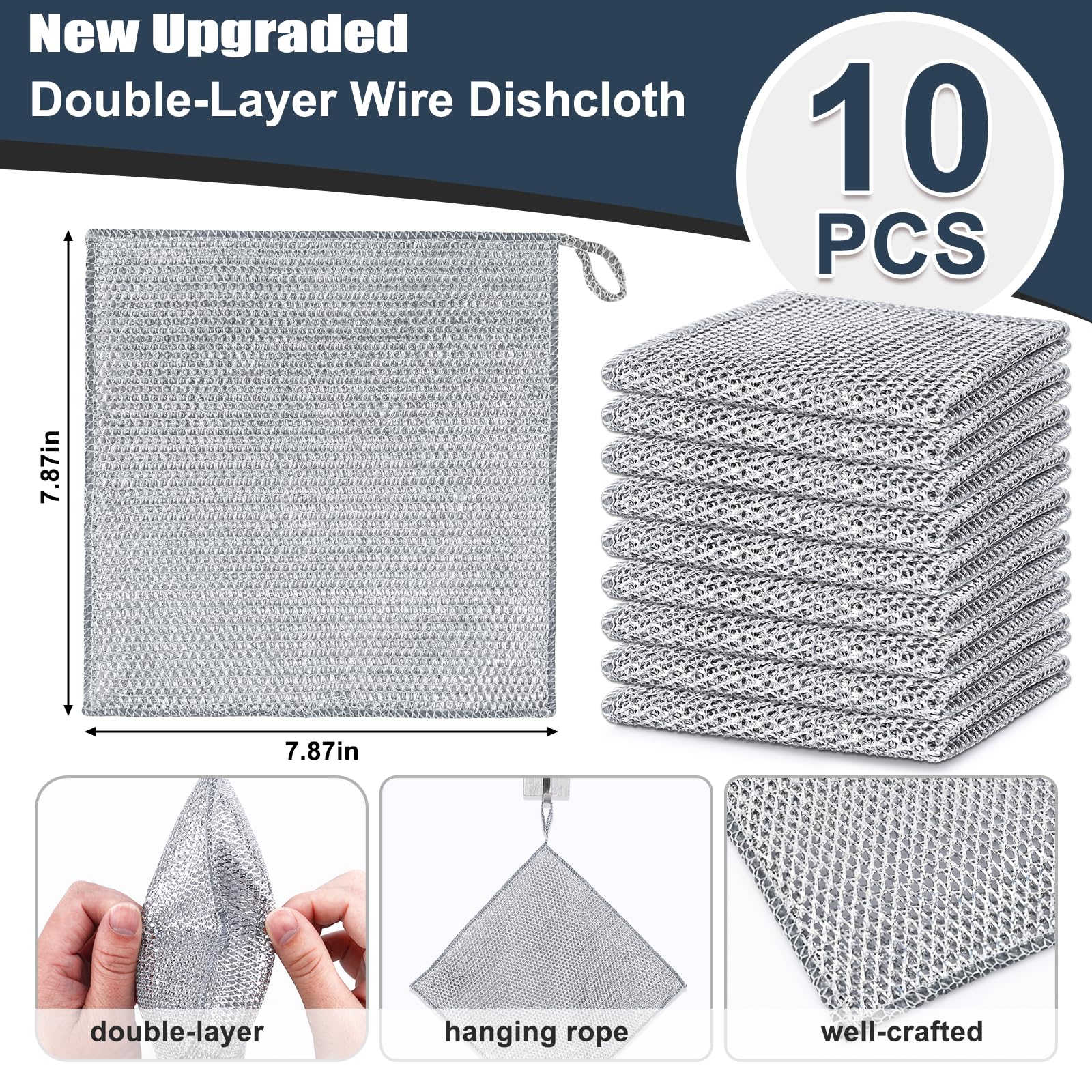 Navona 10 Pcs New Upgrade Steel Wire Dishcloth,Double-Layer Steel Wire Cleaning Cloth,Powerful Cleaning Non-Scratch Wire Dishcloth Rag for Cookware, Sinks, Dishes, Stove Tops