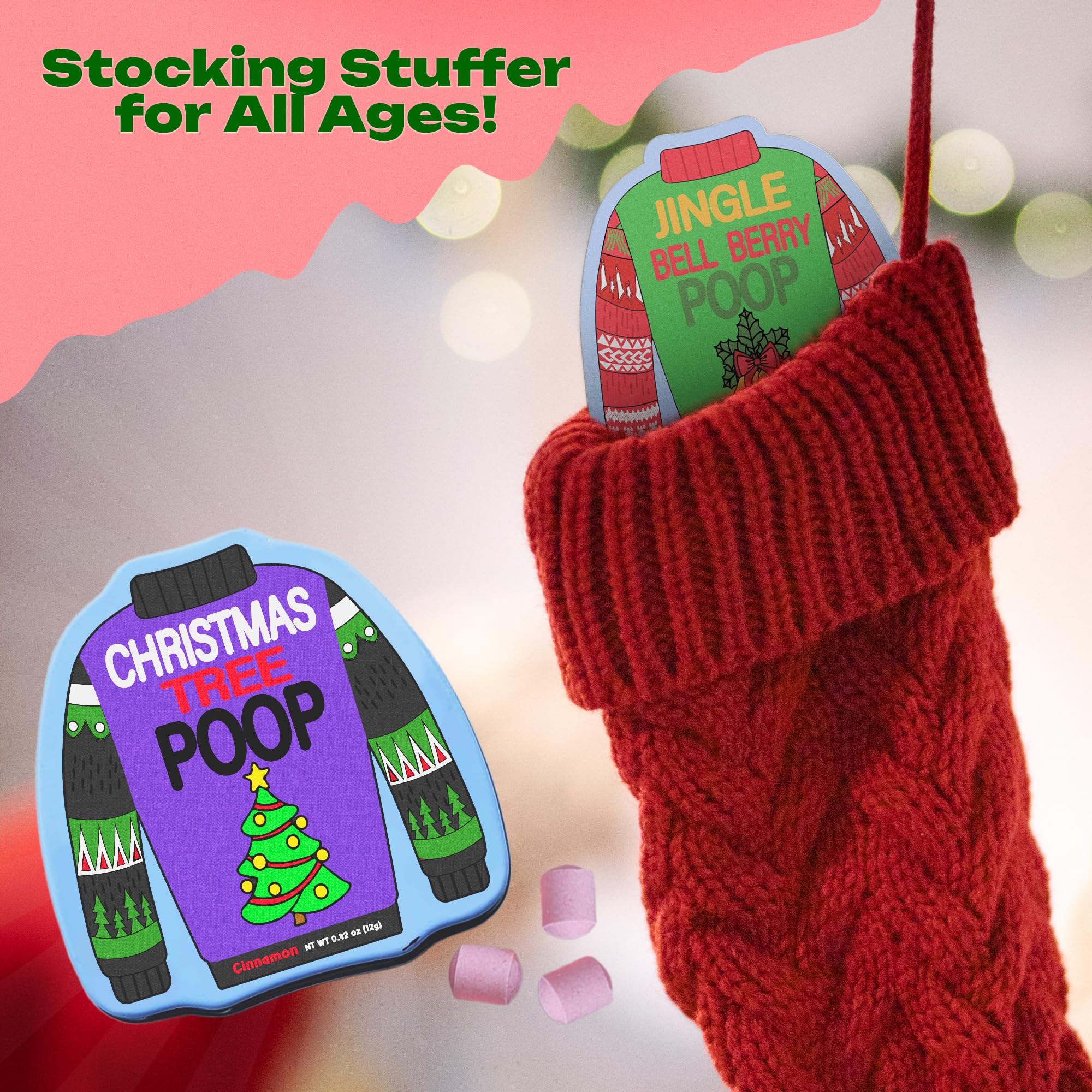 Christmas Poop Mint Candy 4-Pack in Ugly Sweater Tins – Funny Christmas Candy, Stocking Stuffers for Adults, and Teens – Fun Breath Mints, Unique Christmas Gifts