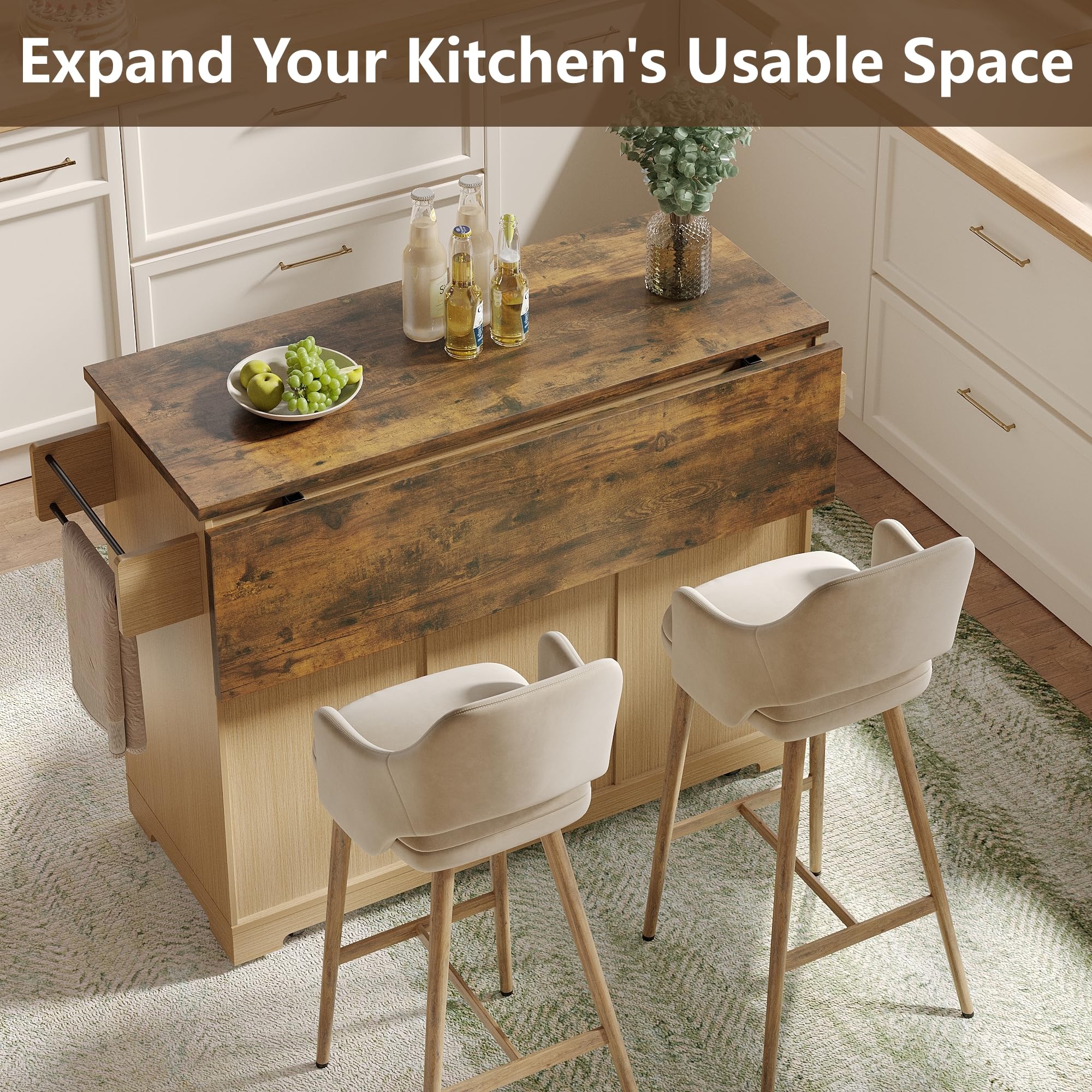 Maupvit 50" Fluted Sideboard Cabinet with Foldable Tabletop, Mobile Buffet Storage Cabinet with 2 Adjustable Cabinets, 3 Drawers, Wine & Glass Rack for Kitchen Dining Room,Natural